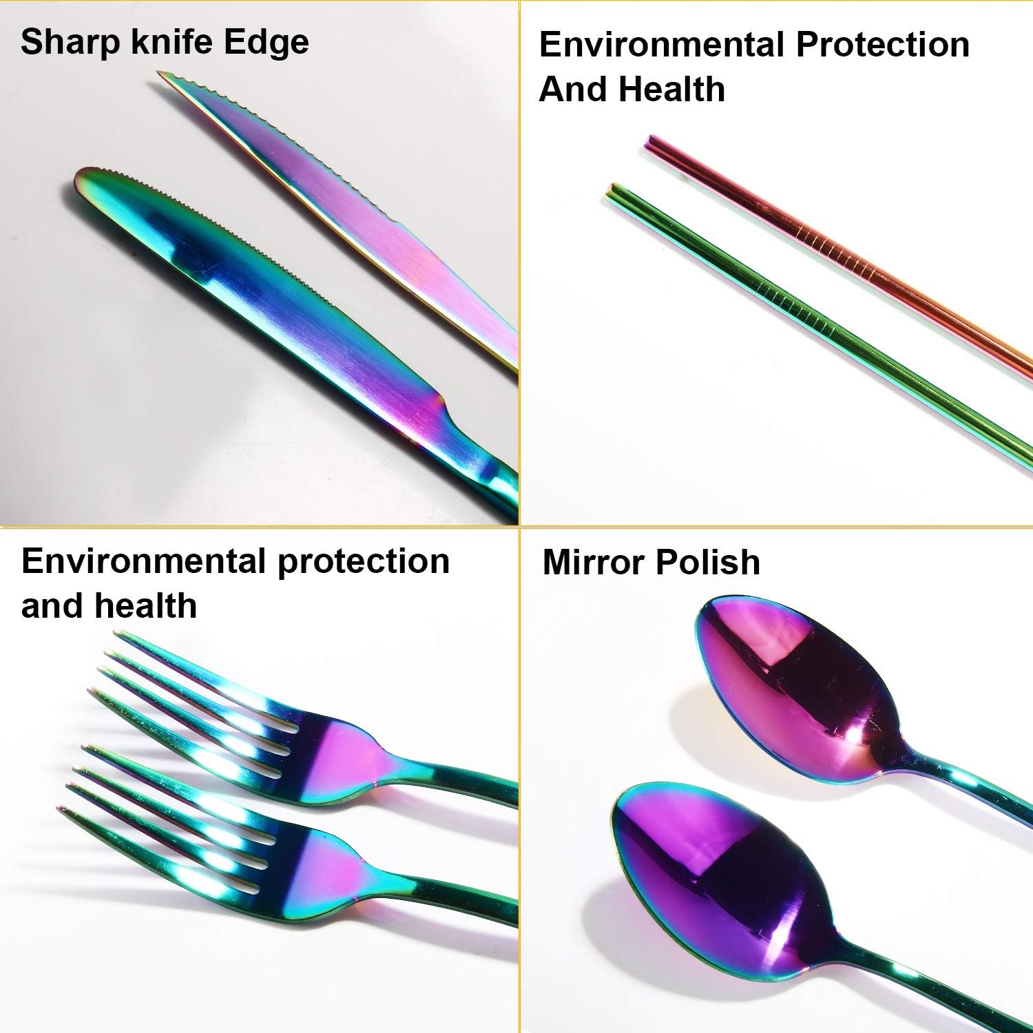 Silverware Set,WOAIWO-Q 28 PCS Stainless Steel Flatware Set for 4 People, Cutlery With Wire Mesh Holder Storage Trays Mirror Polish,Dishwasher Safe (Rainbow)