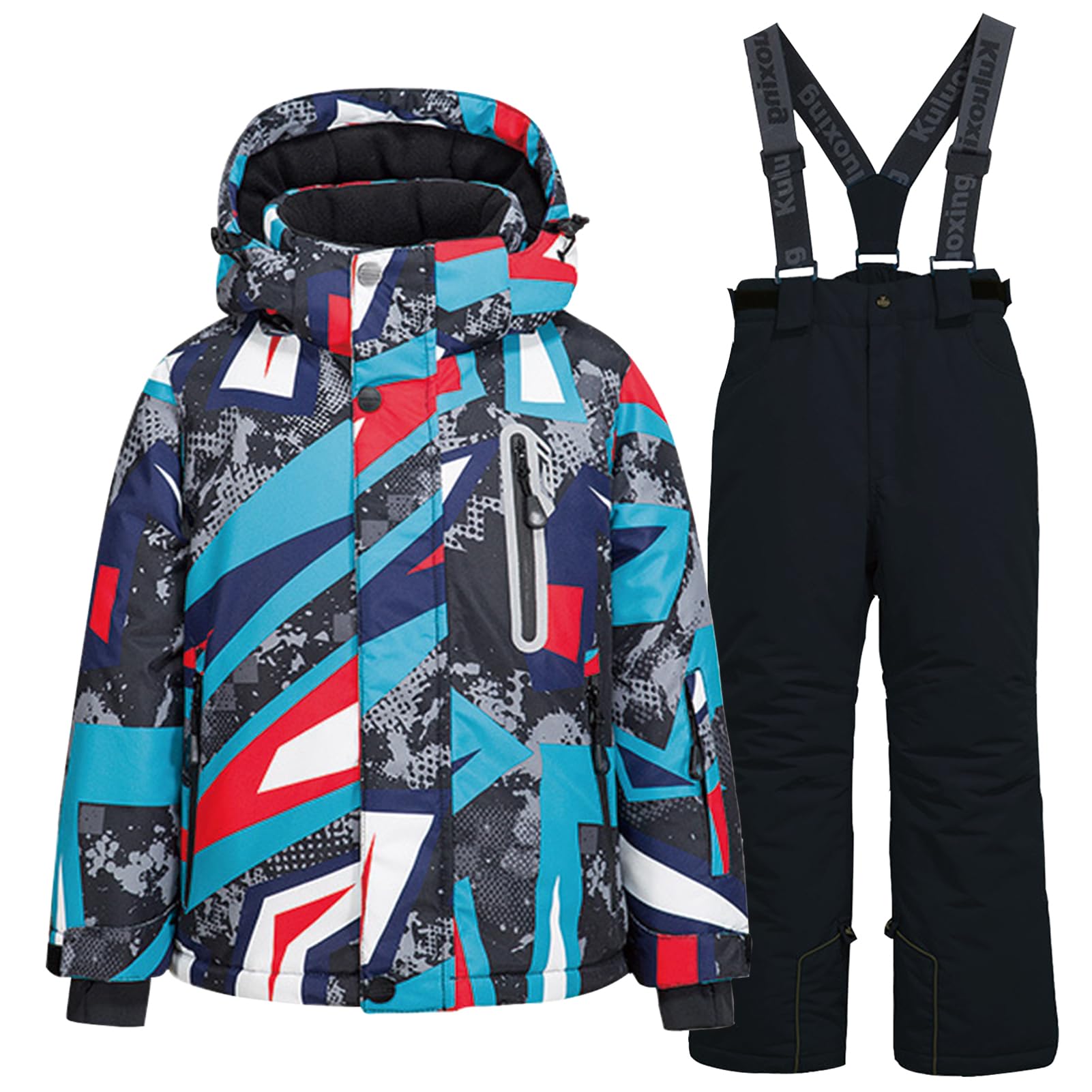Conjunto de traje de esquí infantil de 2 piezas con capucha, impermeable, resistente al viento, traje de nieve para niños y niñas, chaqueta de esquí cálida y pantalones de esquí, geométricos