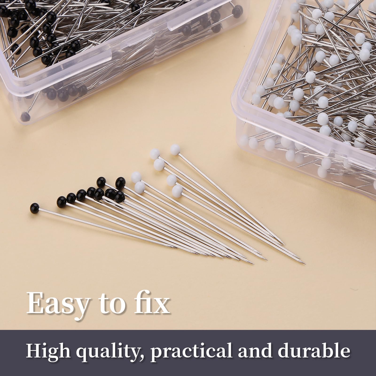 Alfileres de costura, 400 pines rectos para tela, alfileres de acolchado con cabeza de bola perlada en blanco y negro de 1.5 pulgadas, alfileres de costura con caja de plástico para modista,