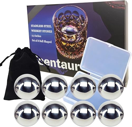 Ecentaur Juego de 8 bolas de hielo de metal de acero inoxidable grandes de 2.2 pulgadas, juego de regalo para hombres, bebidas refrescantes