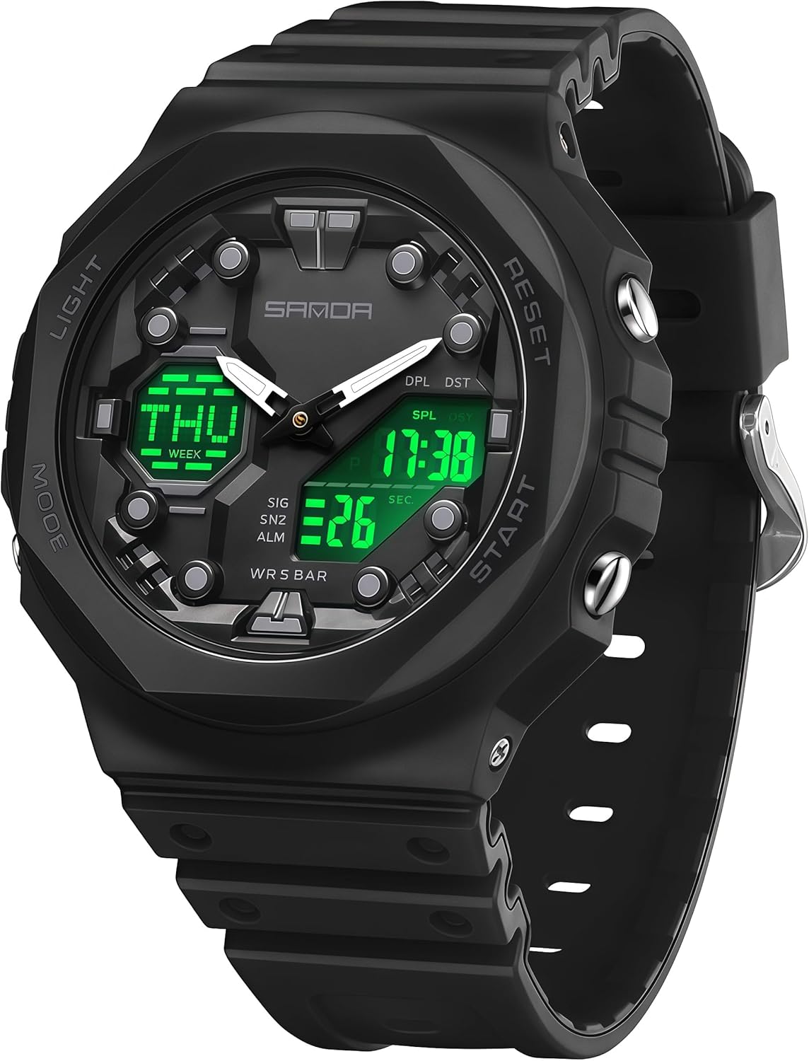 Gosasa Unisex Digital Sports Watch 5ATM Waterproof Tactical Analog-Digital Watch with Stopwatch, Alarm, LED Backlight, Transparent Strap – Military Style for Men & Women