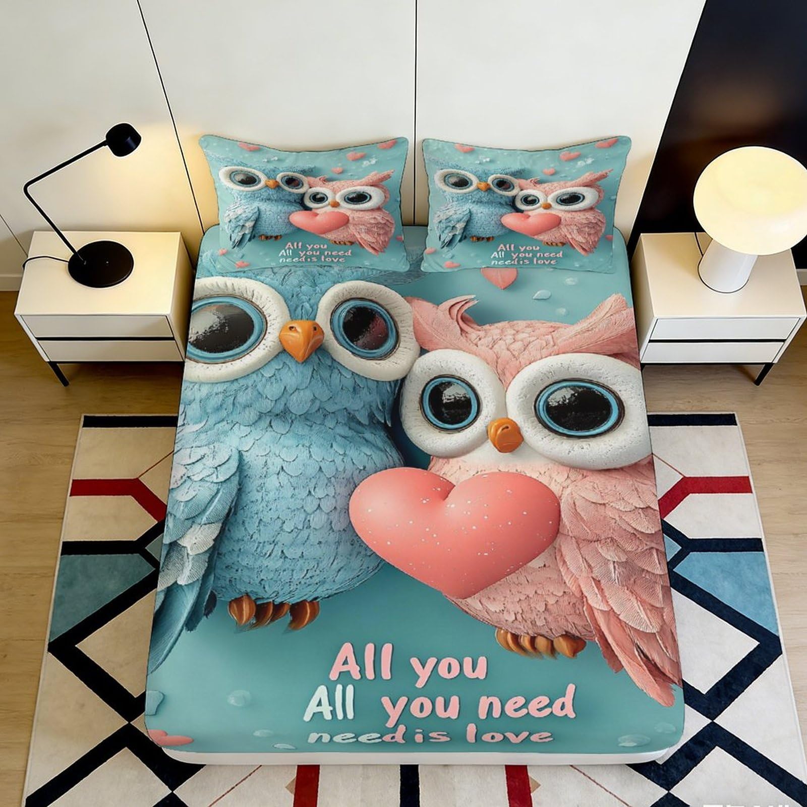 Decorative Owl Theme Fitted Sheet 3D Printed for Bedroom, Soft Touch Microfiber, Bed Cover, Apartment Bedding, Wrinkle Resistant 90x200x25cm