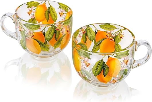 STP GOODS Glass Mug Set of 2, Clear Tea Cup for Hot/Cold Beverages, Glassware Set for Americano, Latte, Cappuccino Lemon