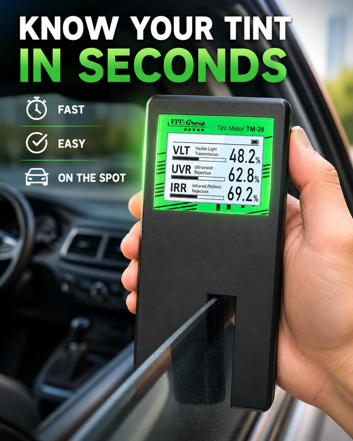 TM-28 - Tester digitale per vetri auto, TM-28, tester per la trasmissione della luce, rifiuto UV/IR, calibrazione automatica, rotazione del display (TM-28)