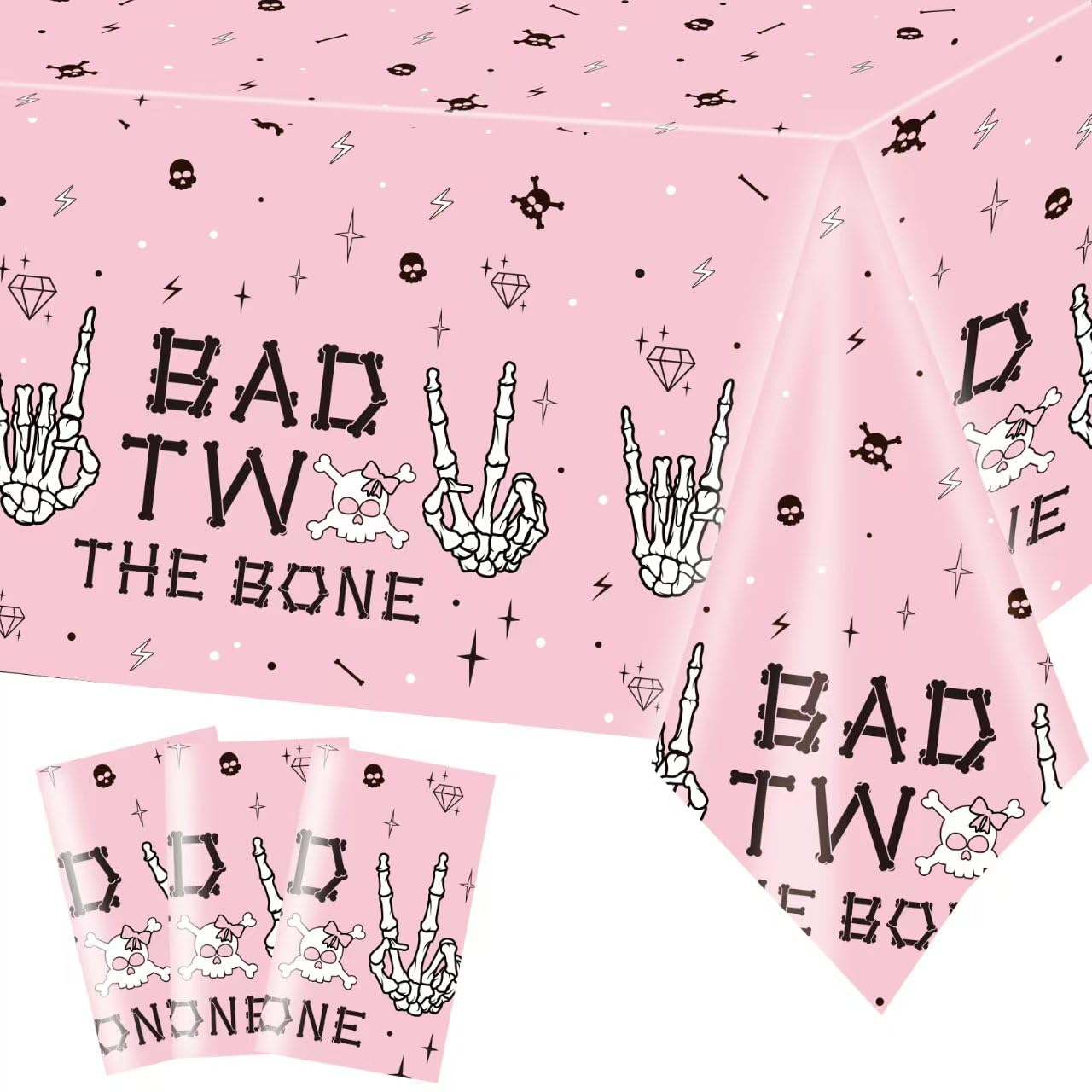 3 Pack Bad Two The Bone Tablecloth Decorations,Rock and Roll 2nd Birthday Disposable Plastic Rectangular Table Cover Party Supplies, for 2nd Birthday