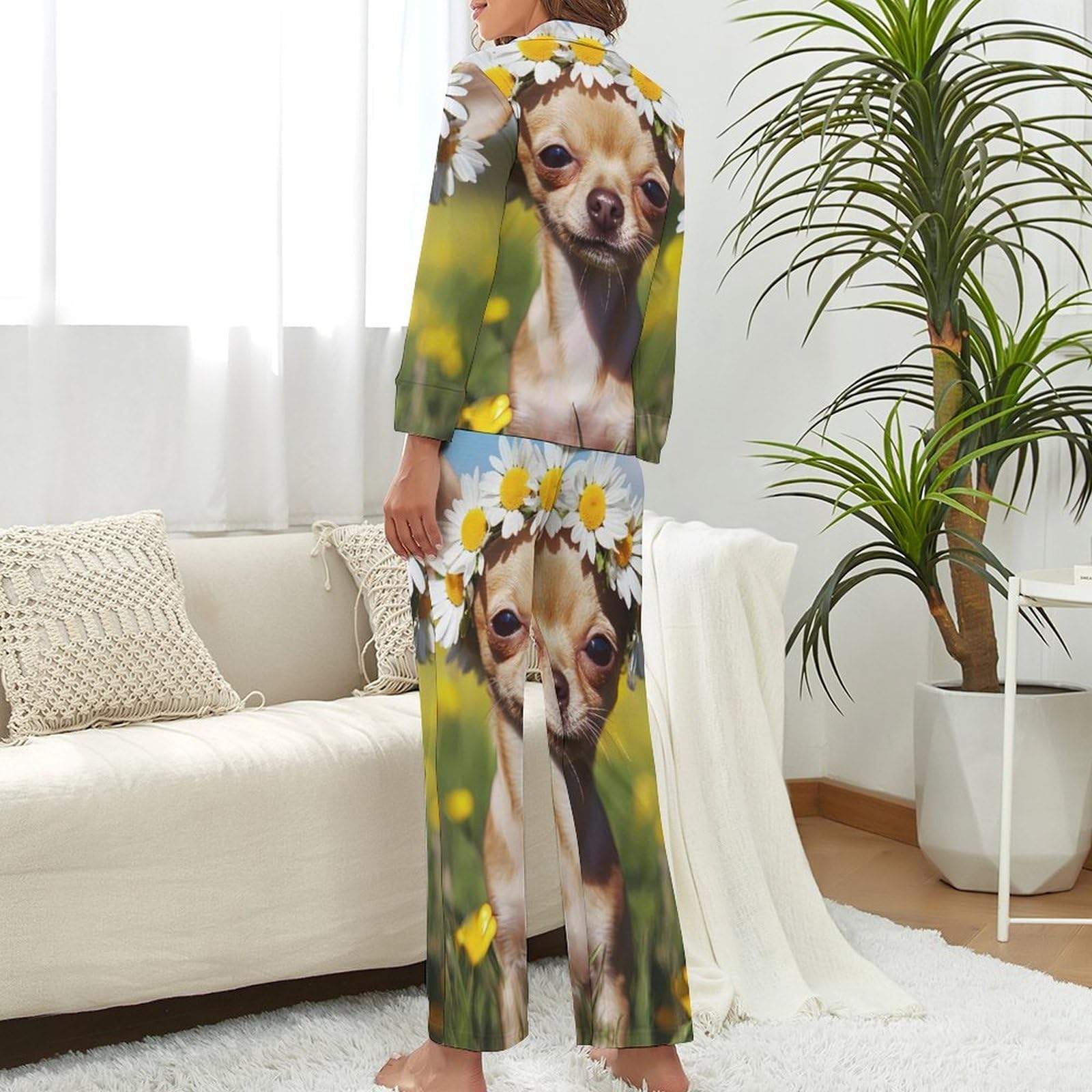 Conjunto de pijama elegante de perro chihuahua con estampado de flores para mujer, manga larga, botones y pantalones, ropa de descanso