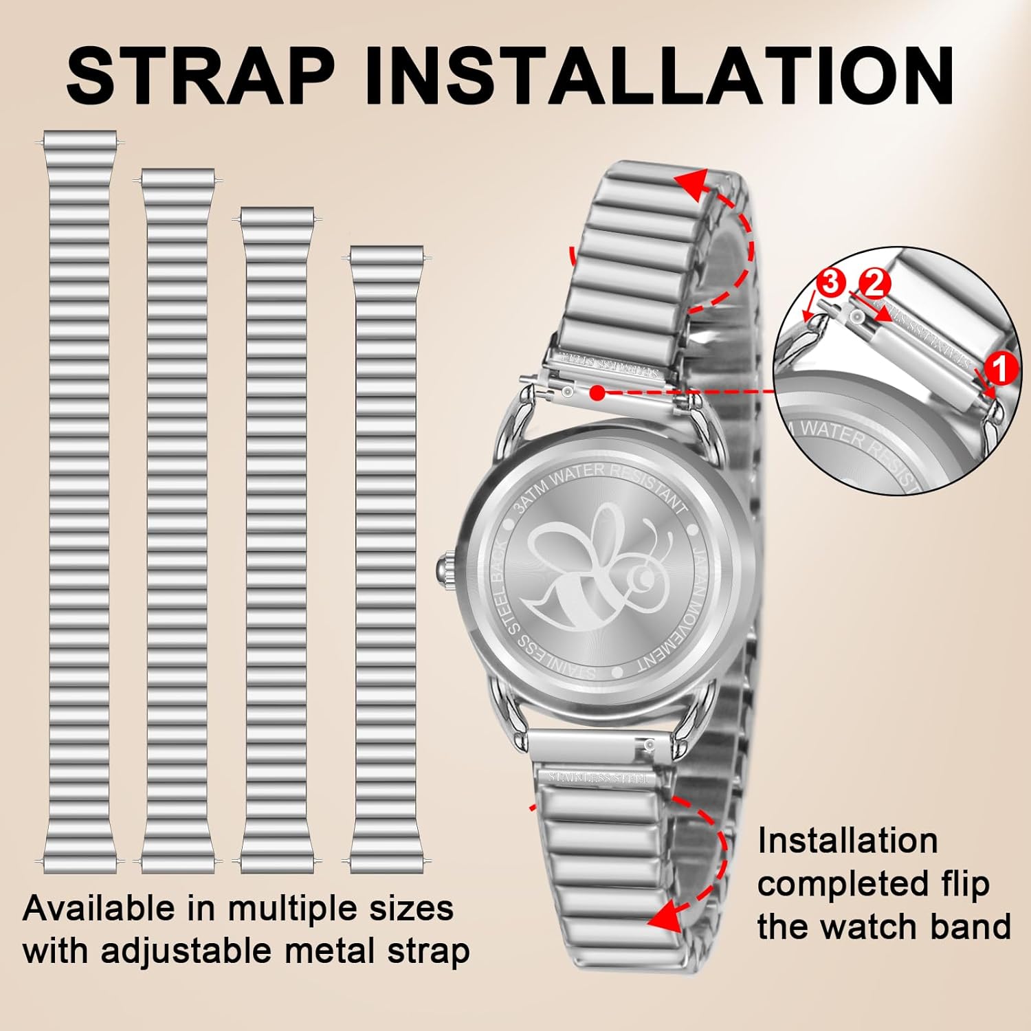 Asan Ge Watch for Women, Expansion Band Fits Various Sizes, Vintage Analog Waterproof, Fashion Luminous Dial Easy to Read, 1 Watch with 4 Straps - Easy Tool Free Replacement - Image 5