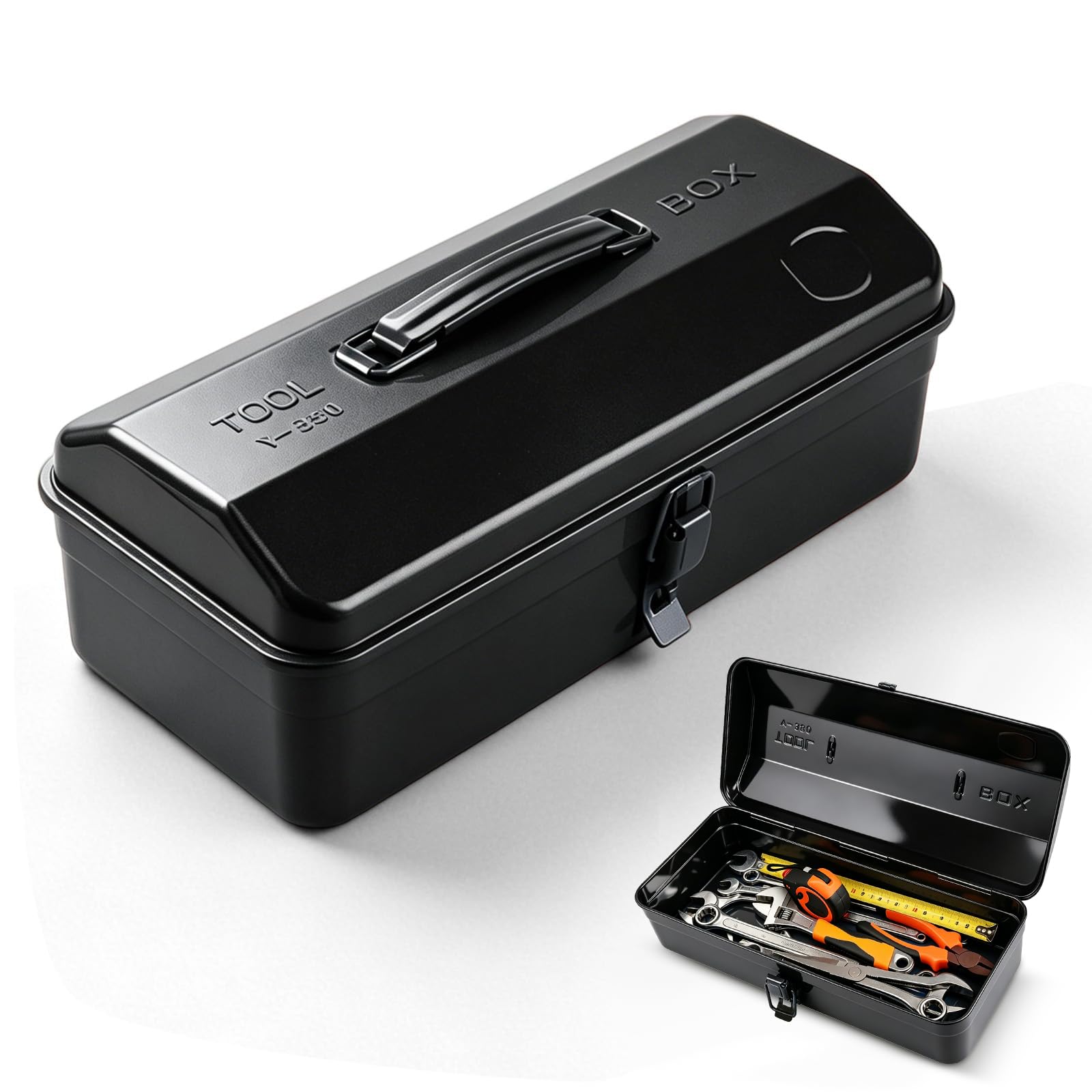 Caja de herramientas pequeña vacía, caja de herramientas de metal, 37 × 16 × 12 cm, resistente, duradera, con asa y cierre, maletín de transporte, almacenamiento universal y transporte de accesorios