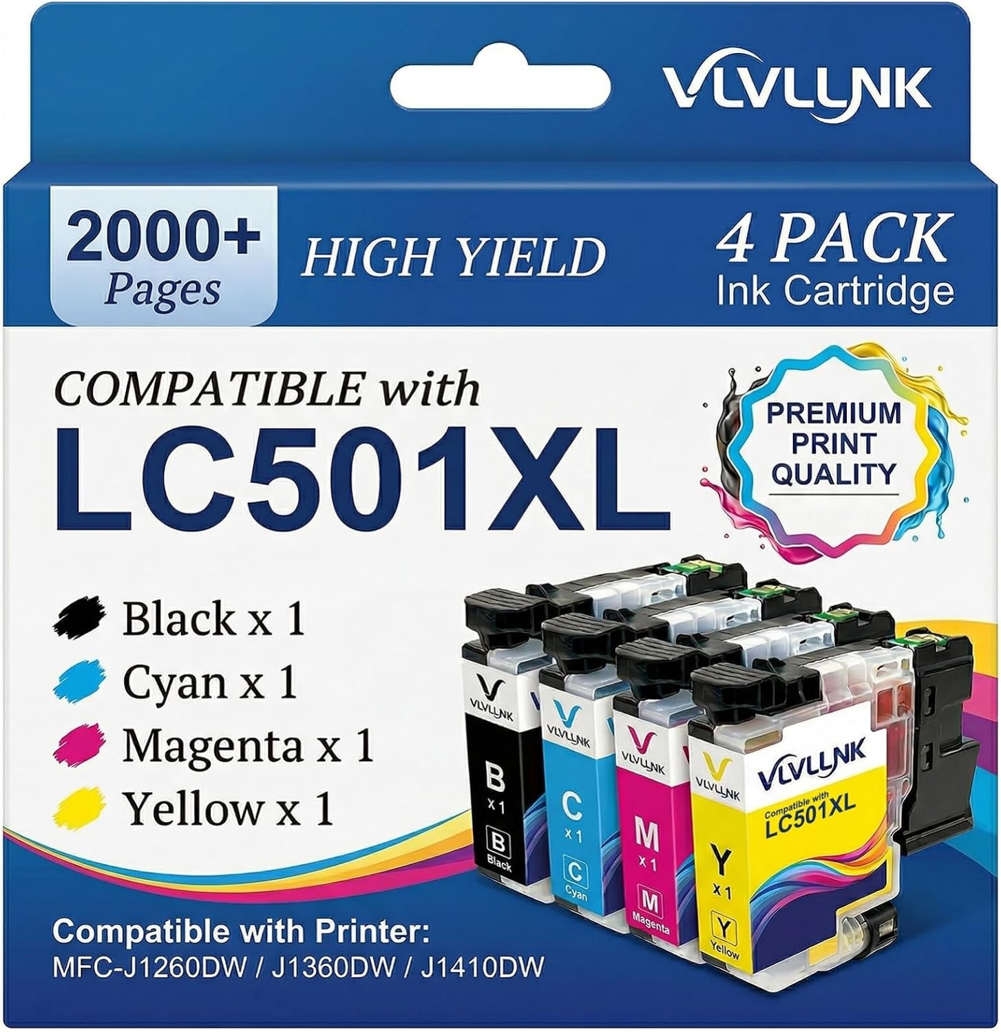 LC501XL LC501 Ink Cartridges for Brother Printer for LC501 XL LC 501XL Ink Cartridges Work with Brother MFCJ1360dw MFC-J1360DW MFC-J1410DW MFC-J1260W (4 Pack, Black Cyan Magenta Yellow)