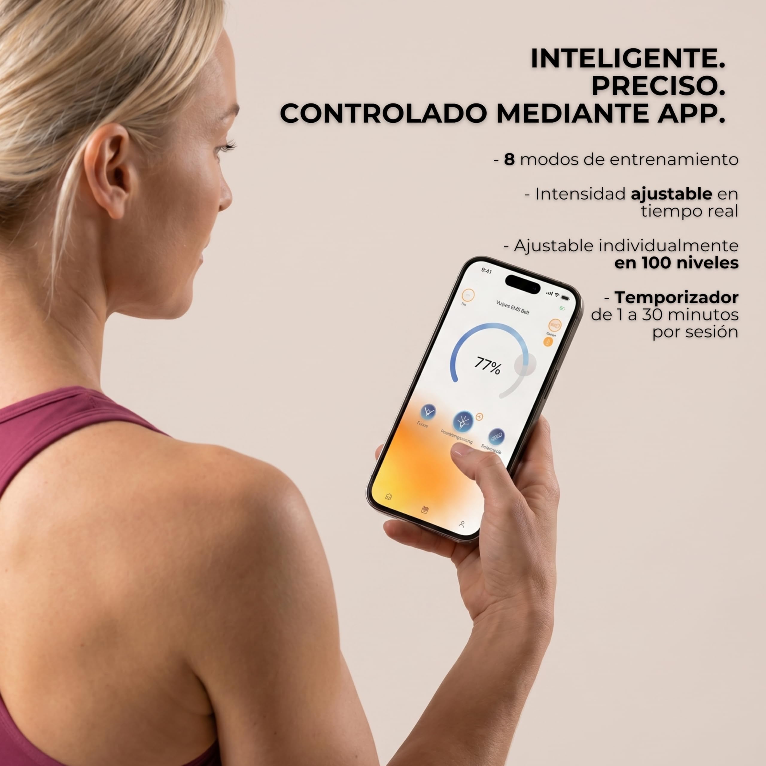 Vulpés Cinturón EMS Inteligente Core con App – Abdominales y Zona Lumbar, electroestimulación controlada para Fitness y recuperación (6 electrodos, 8 Modos).