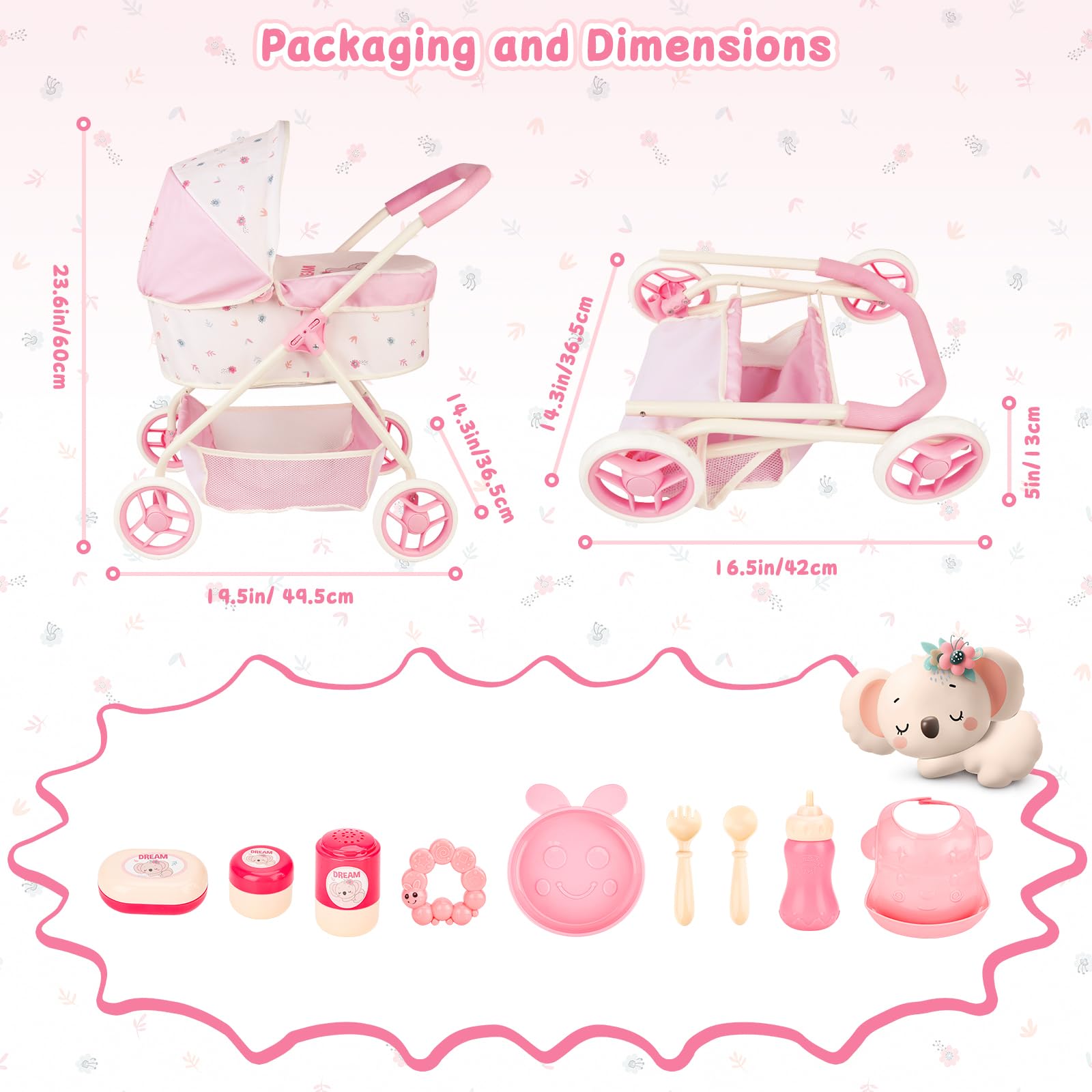 deAO Poussette Poupee 2 en 1 avec Capote pour Poupées 60 * 49.5 * 36.5cm | Roues Silencieuses pour Intérieur et Extérieur, Compacte, Landau et Canne pour Poupées jusqu'à 38 cm