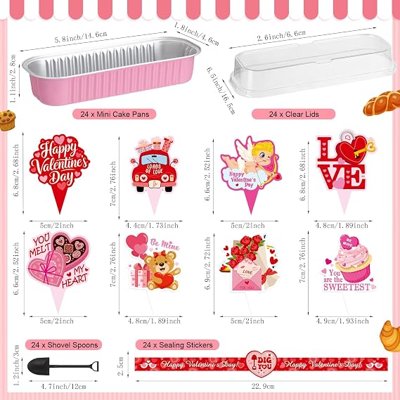 24 Sets Valentines Mini Loaf Pans with Lids, Cake Toppers, Shovel Spoons, Stickers Disposable Rectangular Aluminum Foil Cake Tins Pans Set for Valentine's Day Baking Supplies Party Favors