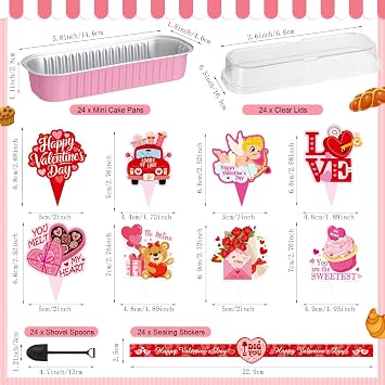 24 Sets Valentines Mini Loaf Pans with Lids, Cake Toppers, Shovel Spoons, Stickers Disposable Rectangular Aluminum Foil Cake Tins Pans Set for Valentine's Day Baking Supplies Party Favors
