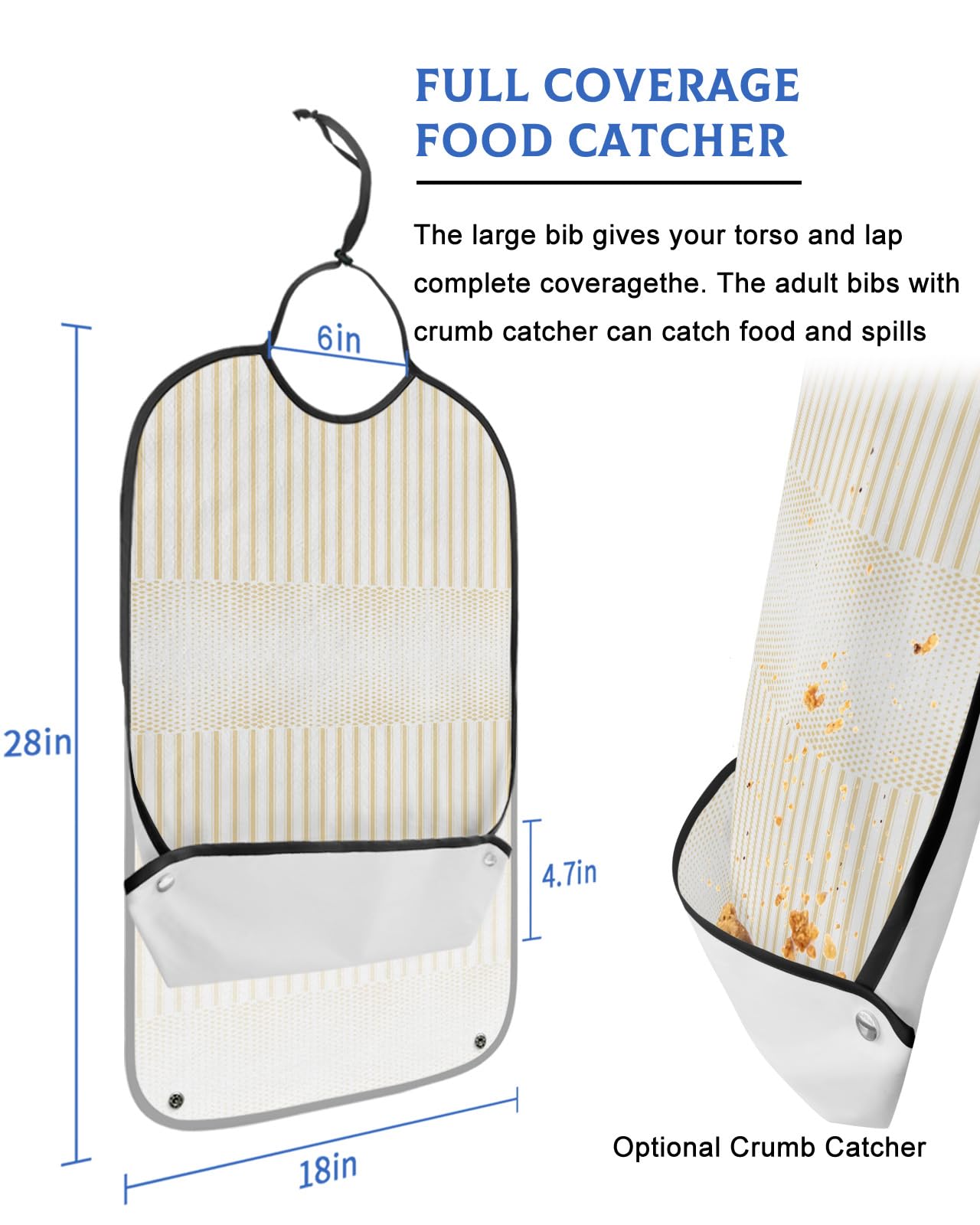 Geometric Boho Adult Bib for Eating with Crumb Catcher,Washable & Waterproof Terry Cloth Adjustable Elderly Women Men Adult Bibs Funny Clothing Protector Abstract Minimalistic Beige Stripes Polka Dot