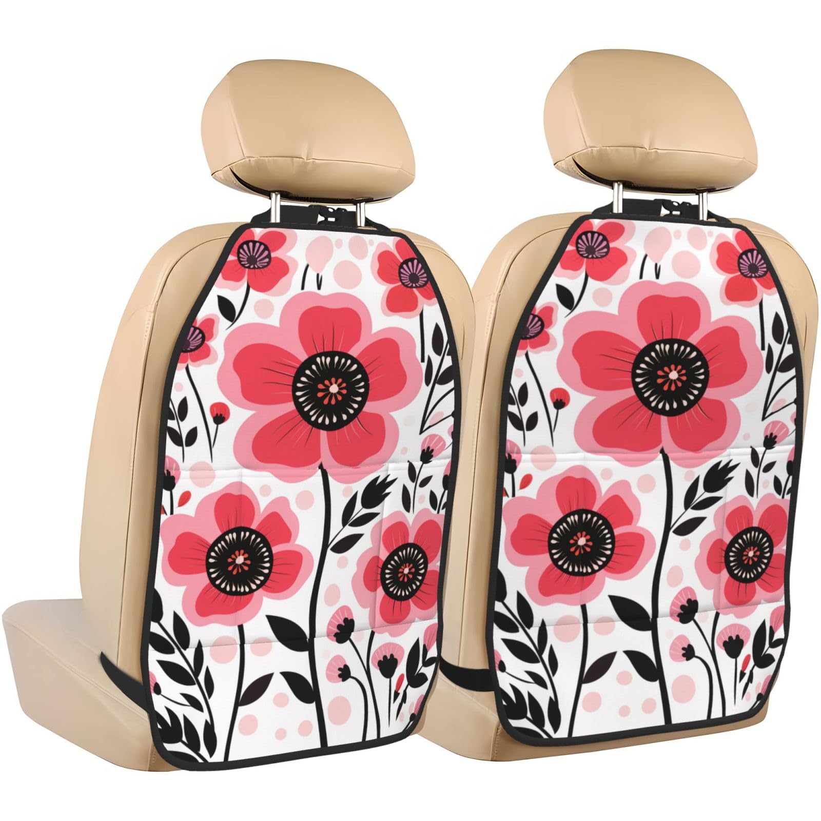 Pink And Black Flowers Car Seat Back Kick Protectors,2 Pack Kick Mats With Storage Pockets For Vehicles To Protect From Dirt Mud Scratches