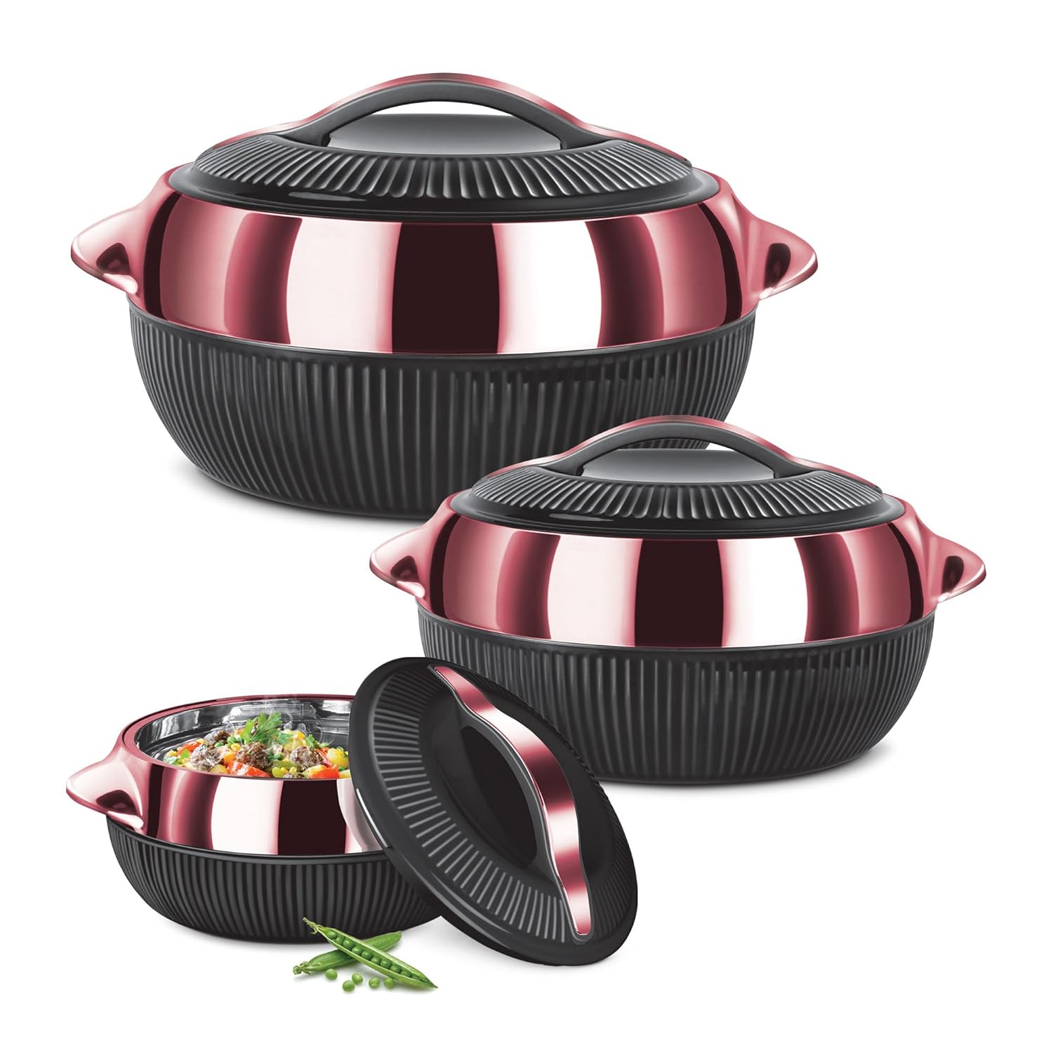 MILTON Fiesta Inner Stainless Steel Serving Casserole Jr Set of 3 (450 ml, 830 ml, 1370ml), PU Insulated Kitchen Hot Pot, Keeps Food hot & Fresh for Roti, Biryani, 1380 ml, Rose-Gold