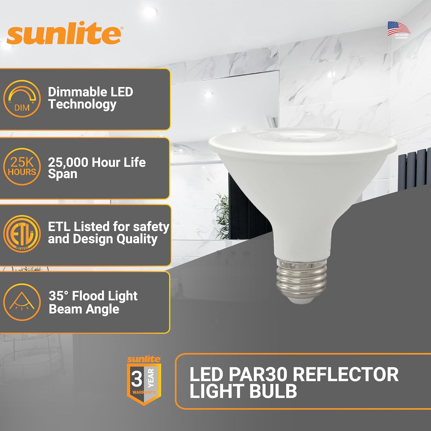 Sunlite Reflector PAR30 LED Bulb, Spotlight, 9W (75W=), 750 Lmns, Medium E26 Base, 90 CRI, Dimmable, Decorative Track Lighting Use, ETL, Title-20 Compliant, Bulk, 24 Pack, 40K-Cool White