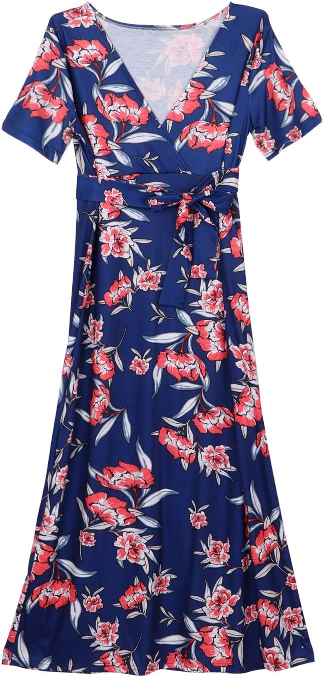 iiniim Women's Maternity V Neck Faux Wrap Flower Printed Low Dress with Waist Belt
