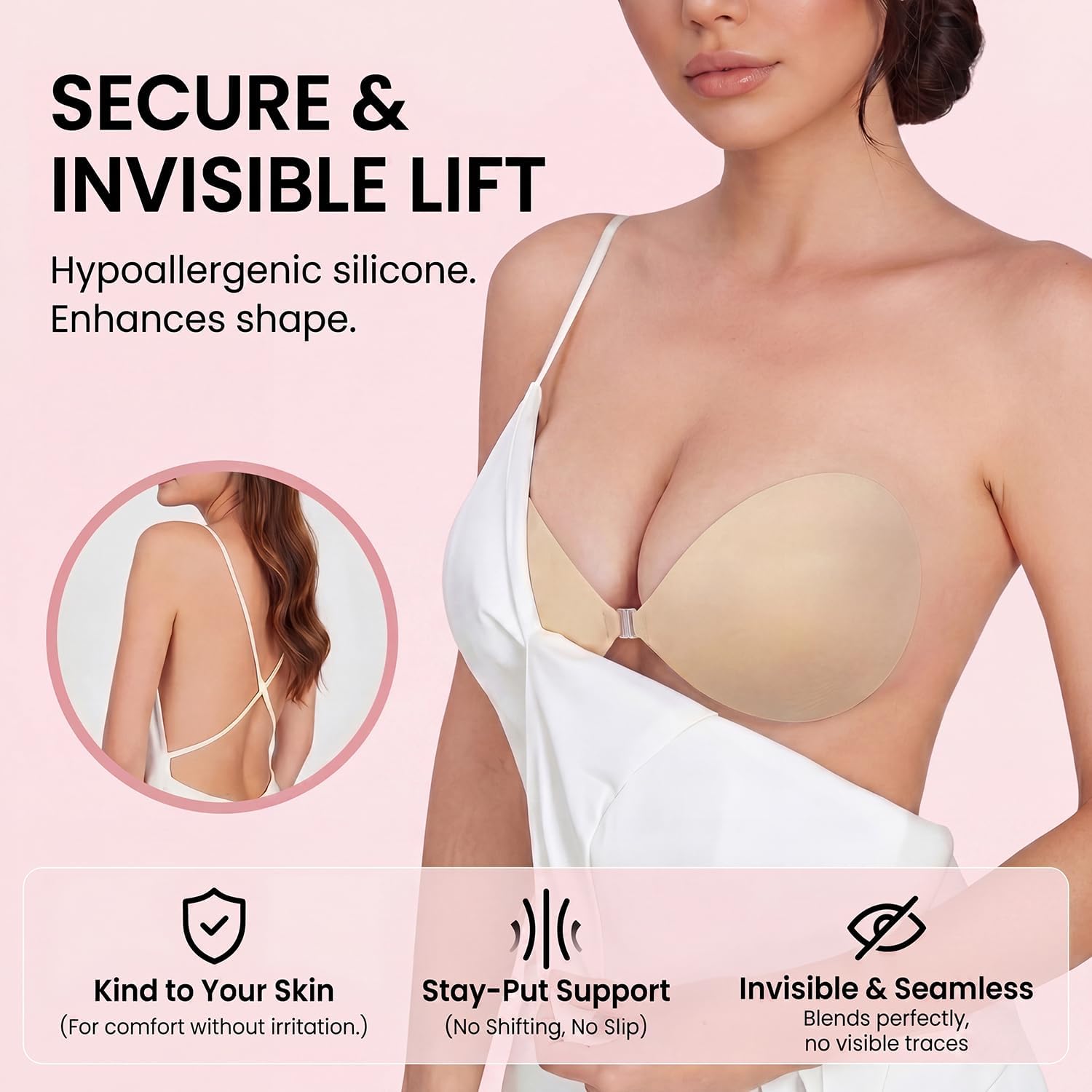 Reusable Strapless Sticky Bra for Cleavage Lift, No Show Invisible Backless Adhesive Push Up Bra with Nipple Covers for Women