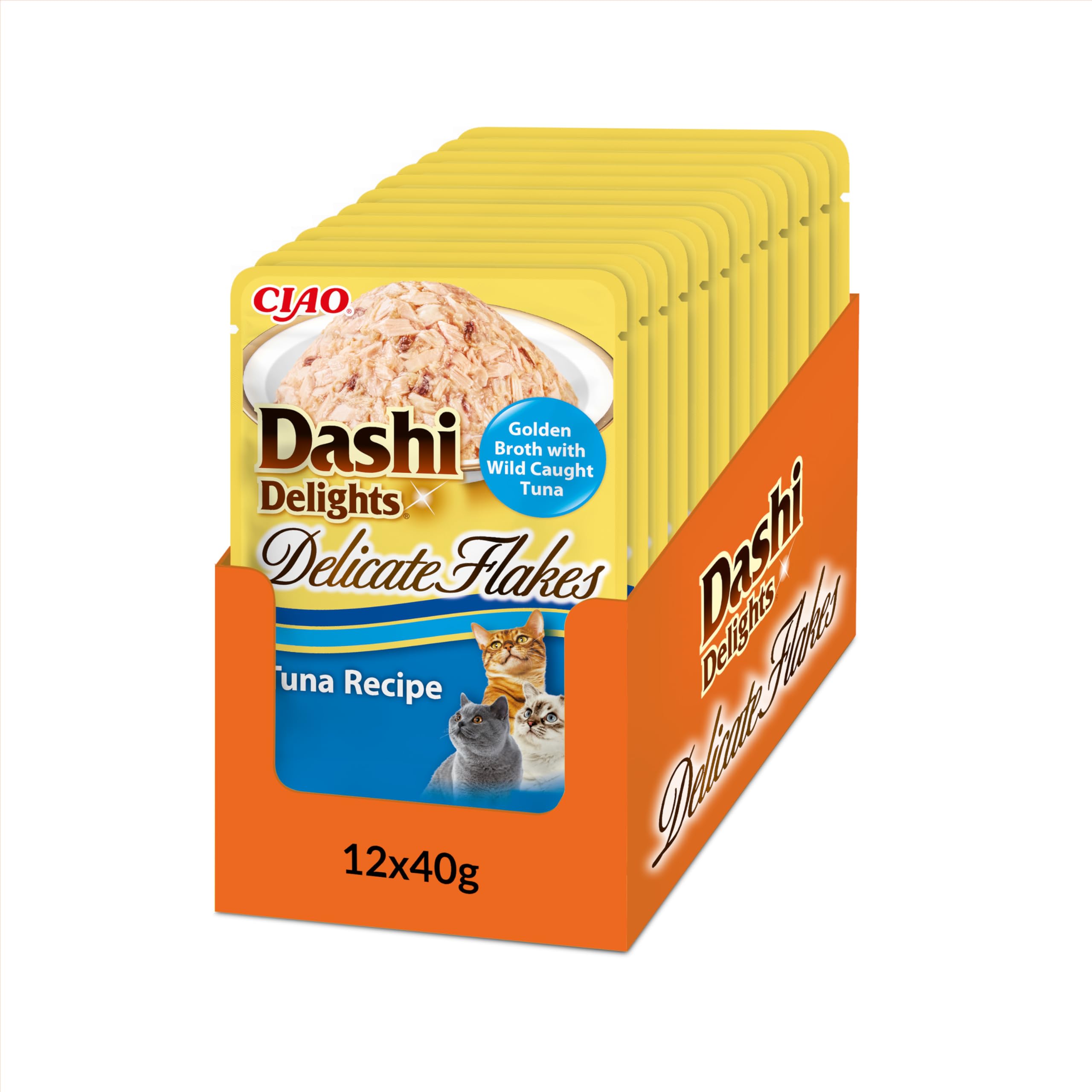 INABA Dashi Delights Delicate Flakes, Wet Food for Cats Rich in Tuna, Flakes in Fish Broth, Rich in Protein, Natural Ingredients, Complementary Meal, Value Pack, 12 Packs of 40g