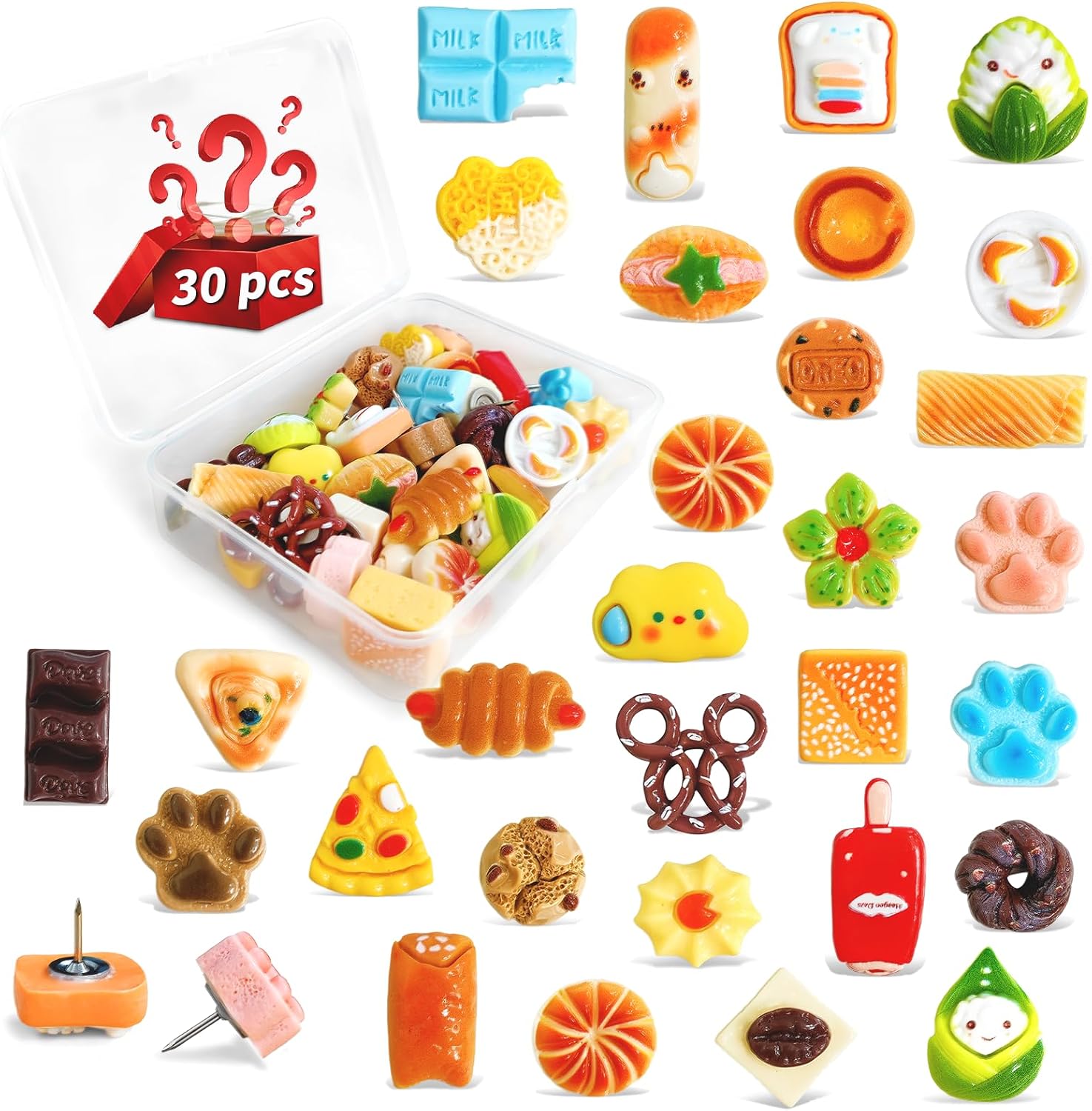 30PCS Food Theme Resin Push Pins, Cute Decorative Thumb Tacks for Bulletin Board, Office, Home Decor | Assorted Bread Cookie Sushi Designs | Gift Box for Classroom, Desk Accessories