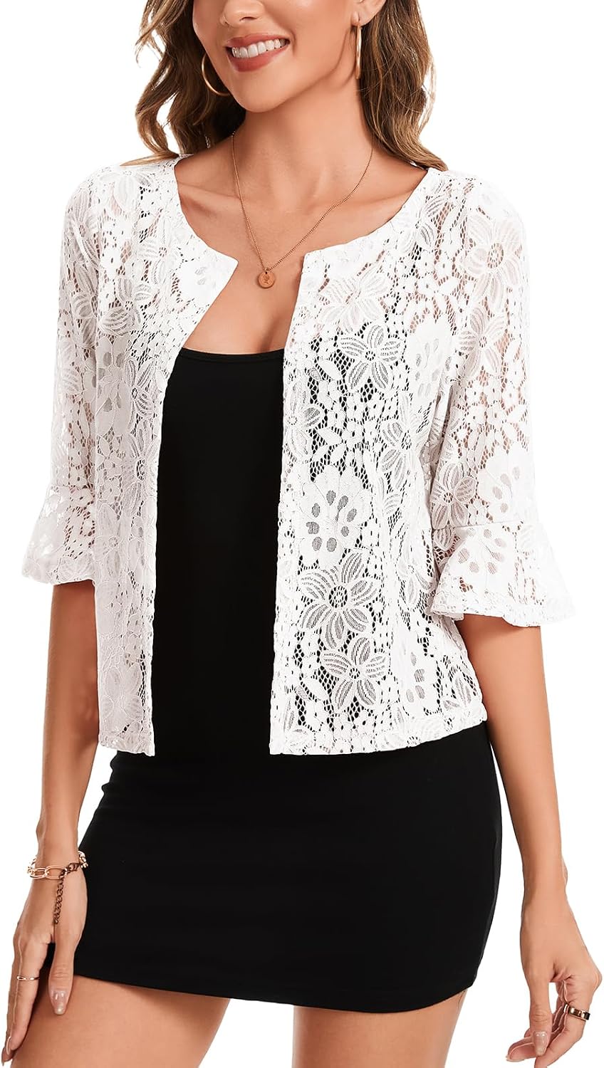 Women's Elegant Floral Lace Bolero Shrug Ruffle 3/4 Sleeve Open Front Cropped Cardigan Shrugs Tops