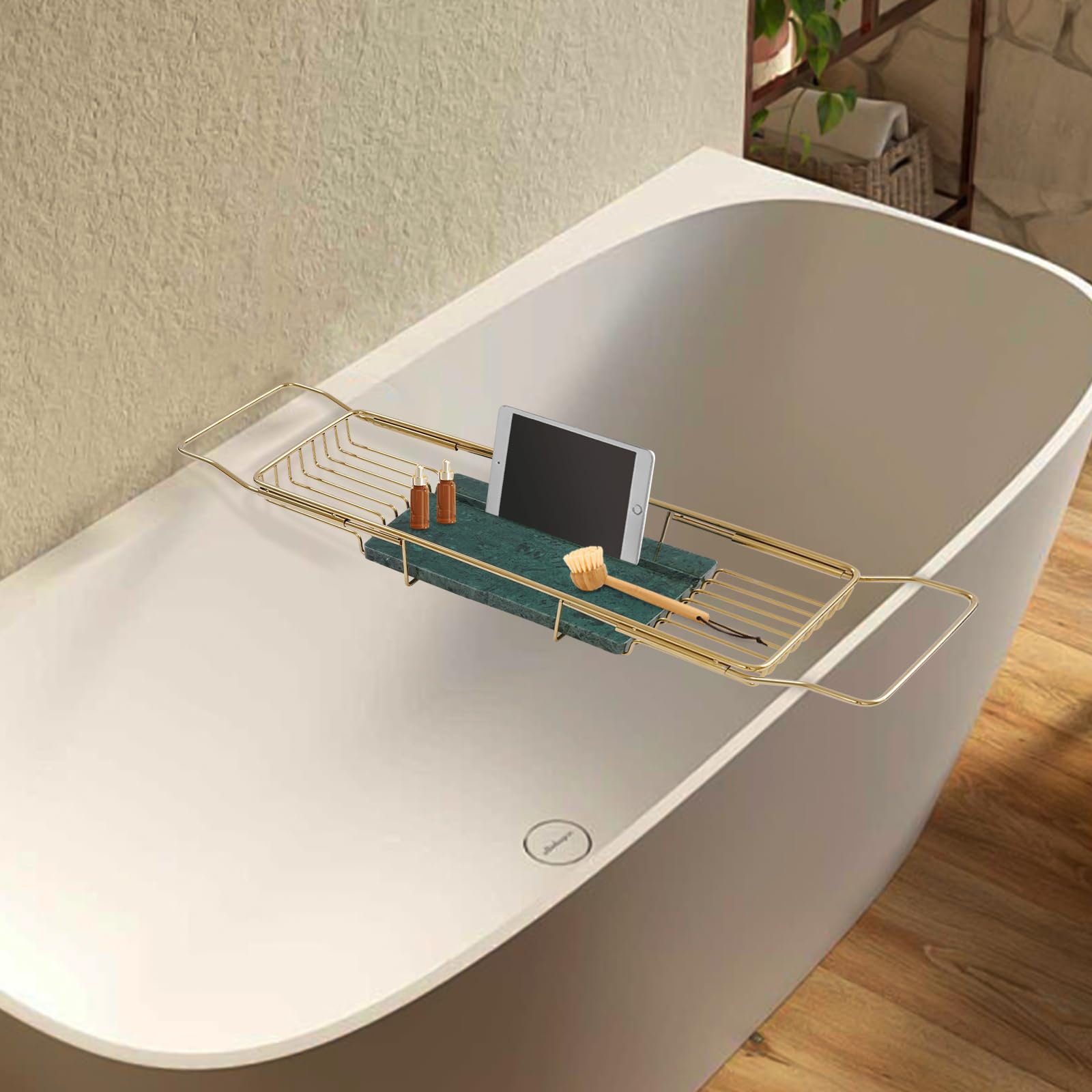 Bathtub Tray Table, Multi-Function Tub Organizer with Adjustable Reading Rack, 304 Stainless Steel Over The Tub Bath Tray, for Home, Hotels, Gold+Green