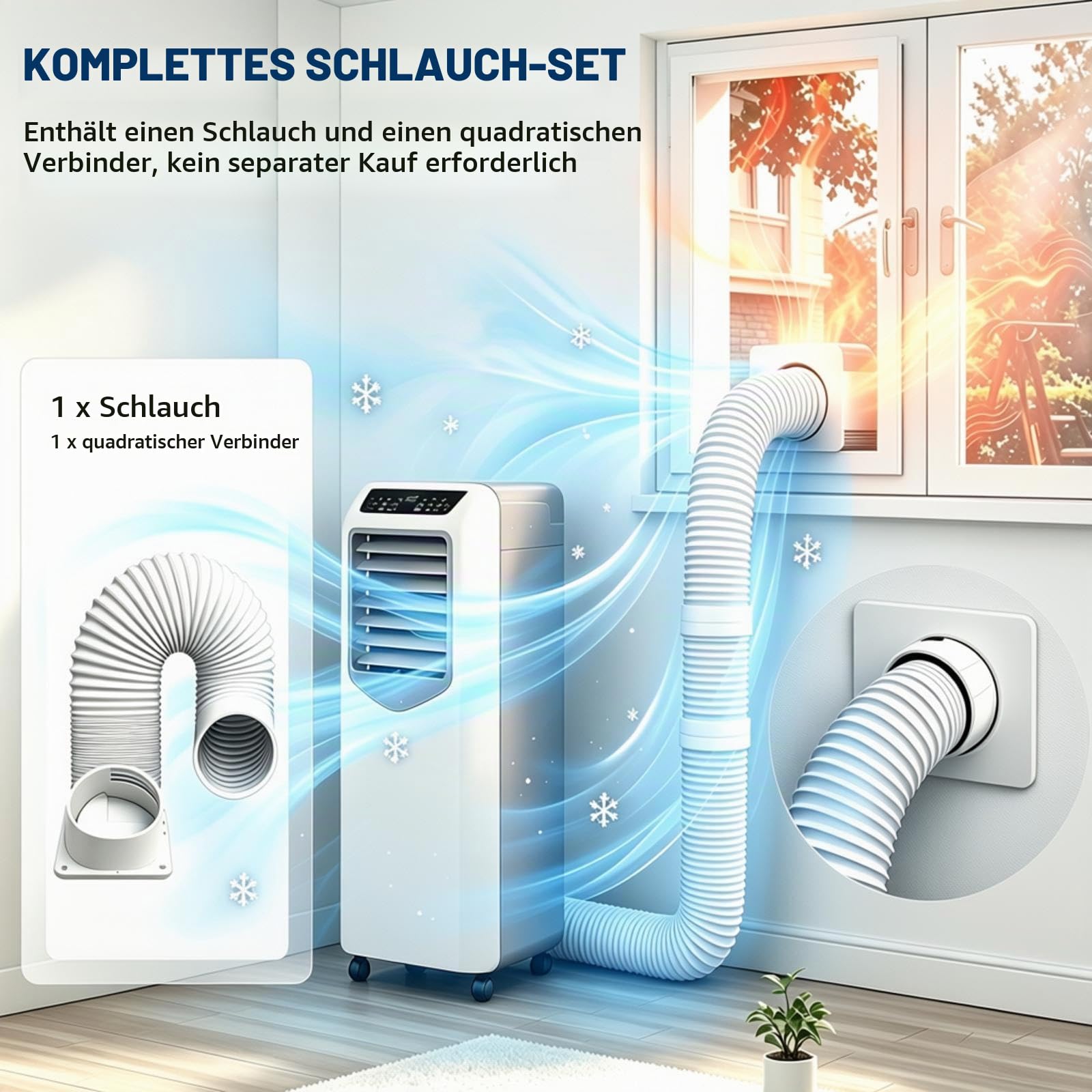 Abluftschlauch für Klimageräte mit quadratischem Anschluss, verstellbare Länge, ABS & Polypropylen, für Schlafzimmer Wohnzimmer Büro (Gelenk + 250 Cm Schlauch)