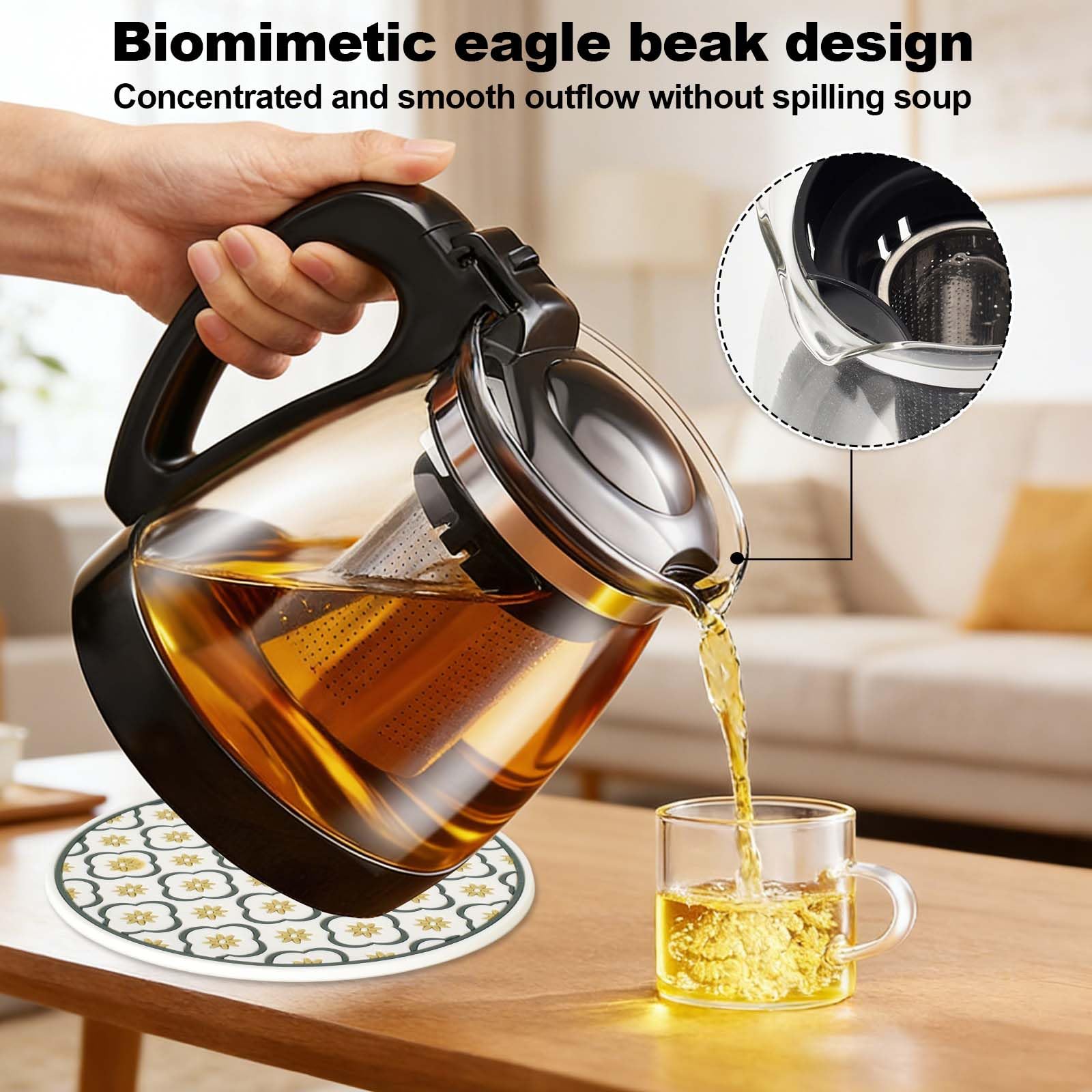Teekanne Glas 2 Liter Hitzebeständig Glaskanne mit Siebeinsatz, Edelstahl Filter Sieb, Bürste, Wärmeisolierungspad - Tea Maker, Für Schwarztee, Grüntee, Kräutertee und Fruchttee