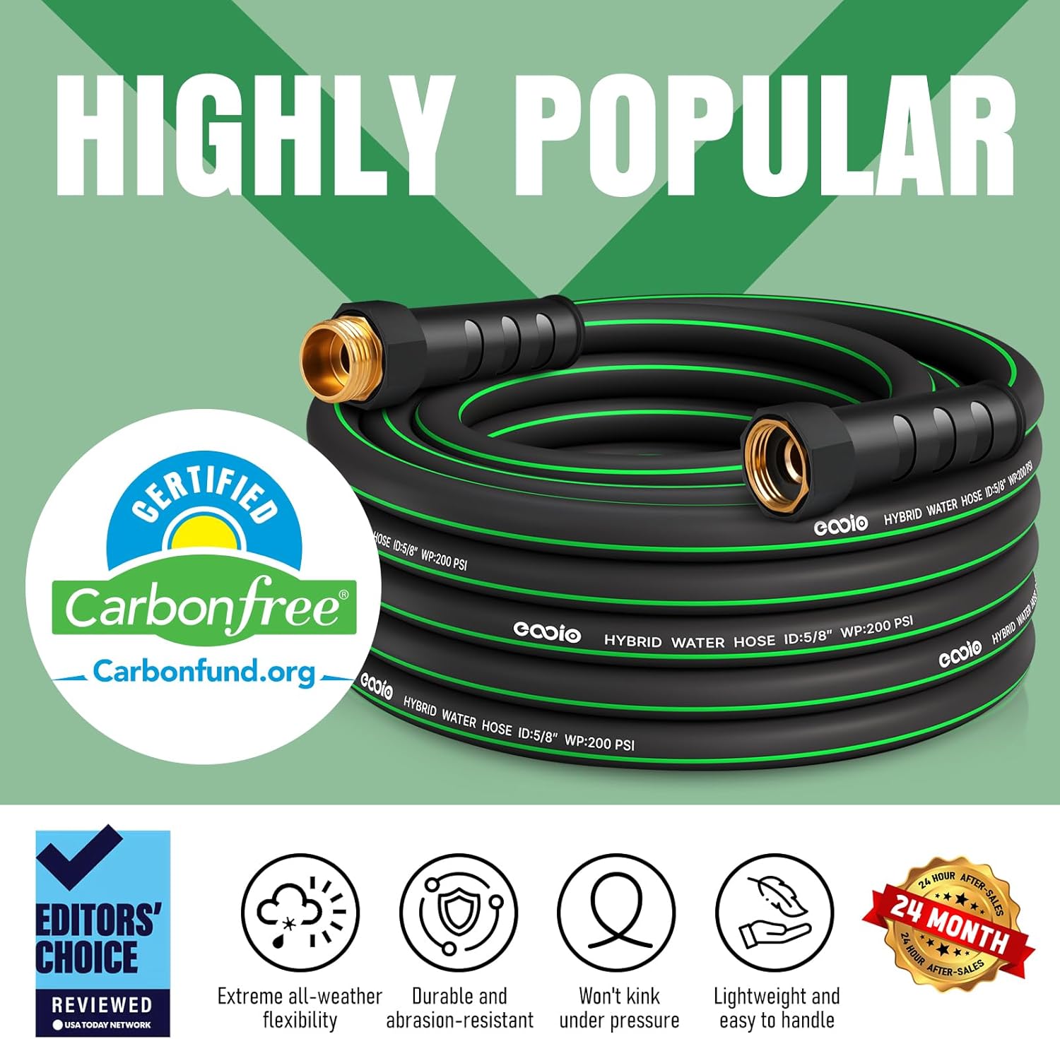 Heavy Duty Garden Hose 25 ft, NON-EXPANDABLE Water Hose with 10 Function Spray Nozzle, Lightweight Kink-less Hybrid Hose with Swivel Handle, Male to Female Fittings