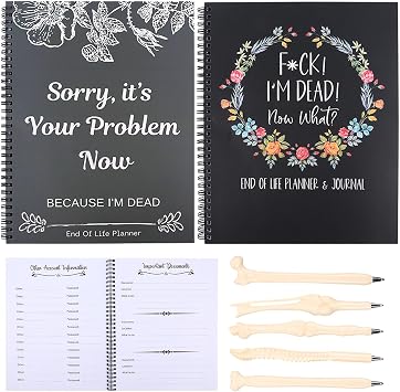 End of Life Planner Funny Death Note Notebook, 2 Pack, Black+Grey