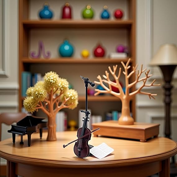Miniature Violin, Tiny Violin Mini Musical Instrument, Miniature Model Dollhouse, Furniture Crafts Ornament for Dollhouse Fairy Garden Decoration