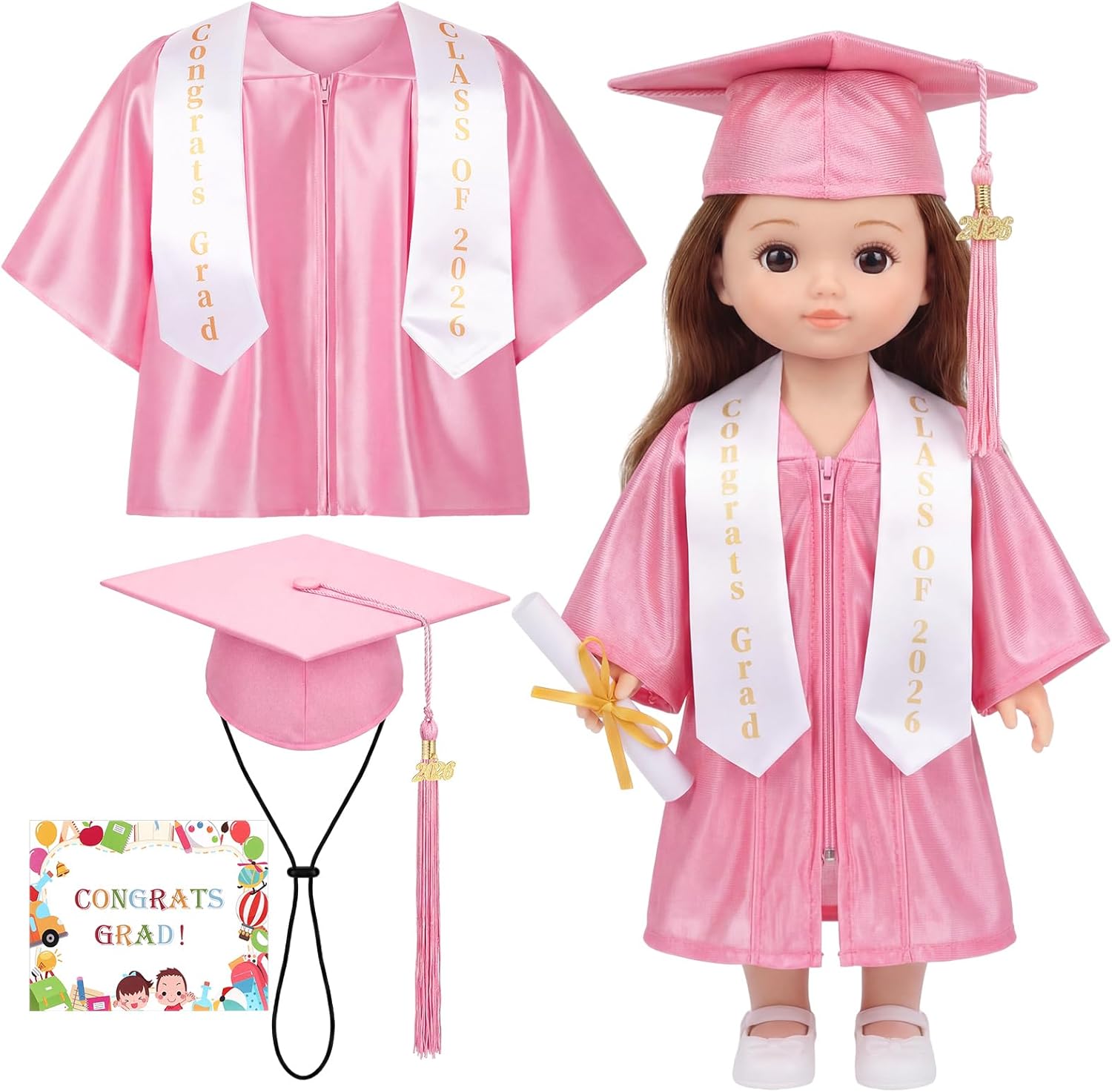 13.4" x 14.2" Graduation Dolls Clothings Gown and Cap with 2026 Tassel Set Outfit Washable Dolls Graduation Robe Costume Dress up Gifts(Pink)