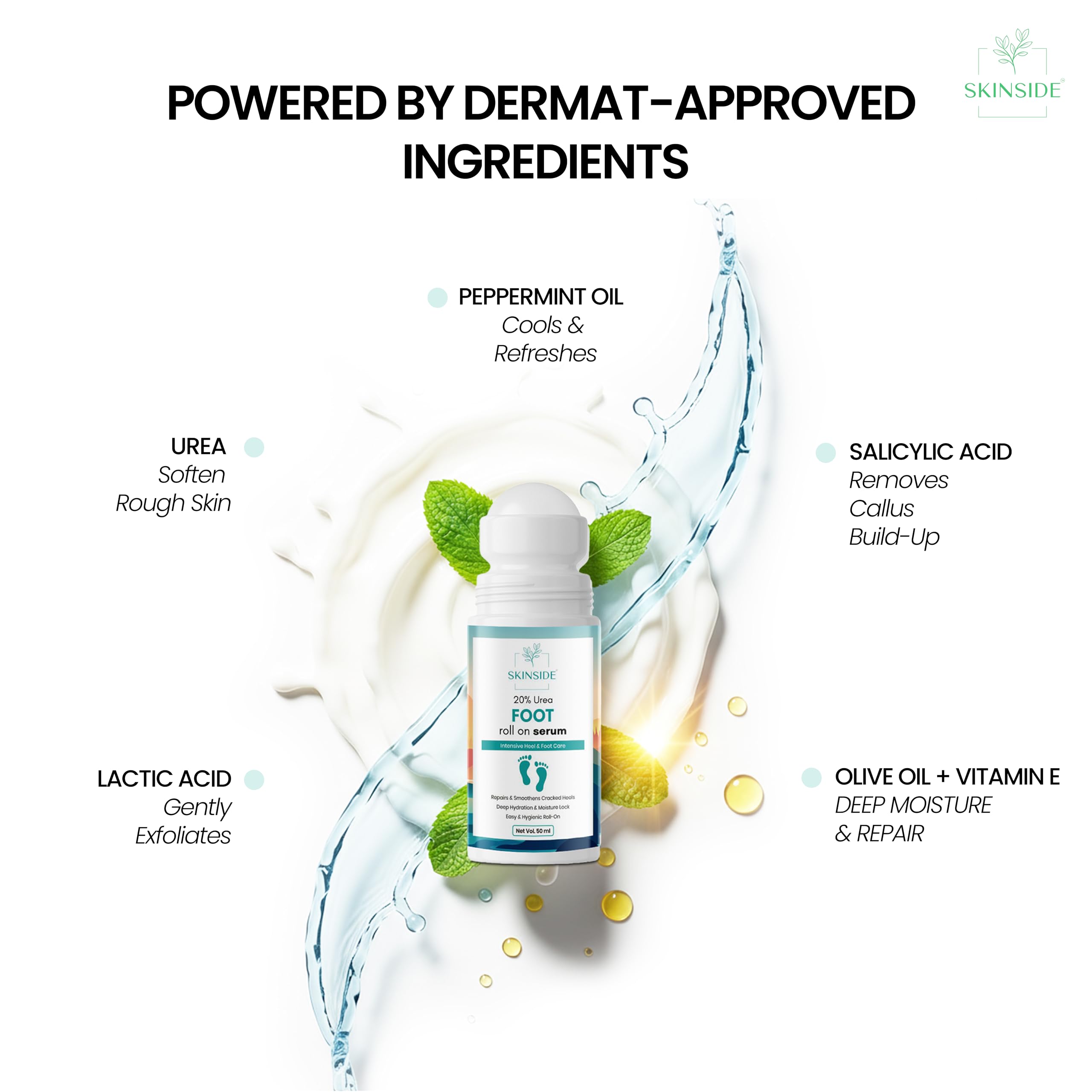 SkinSide 20% Urea Foot Roll On for Cracked Heels & Dry Feet | Lactic Acid + Salicylic Acid | Callus Remover & Heel Repair Serum | Softens Rough Skin | Non-Sticky Formula | 50ml - Image 3 thumbnail