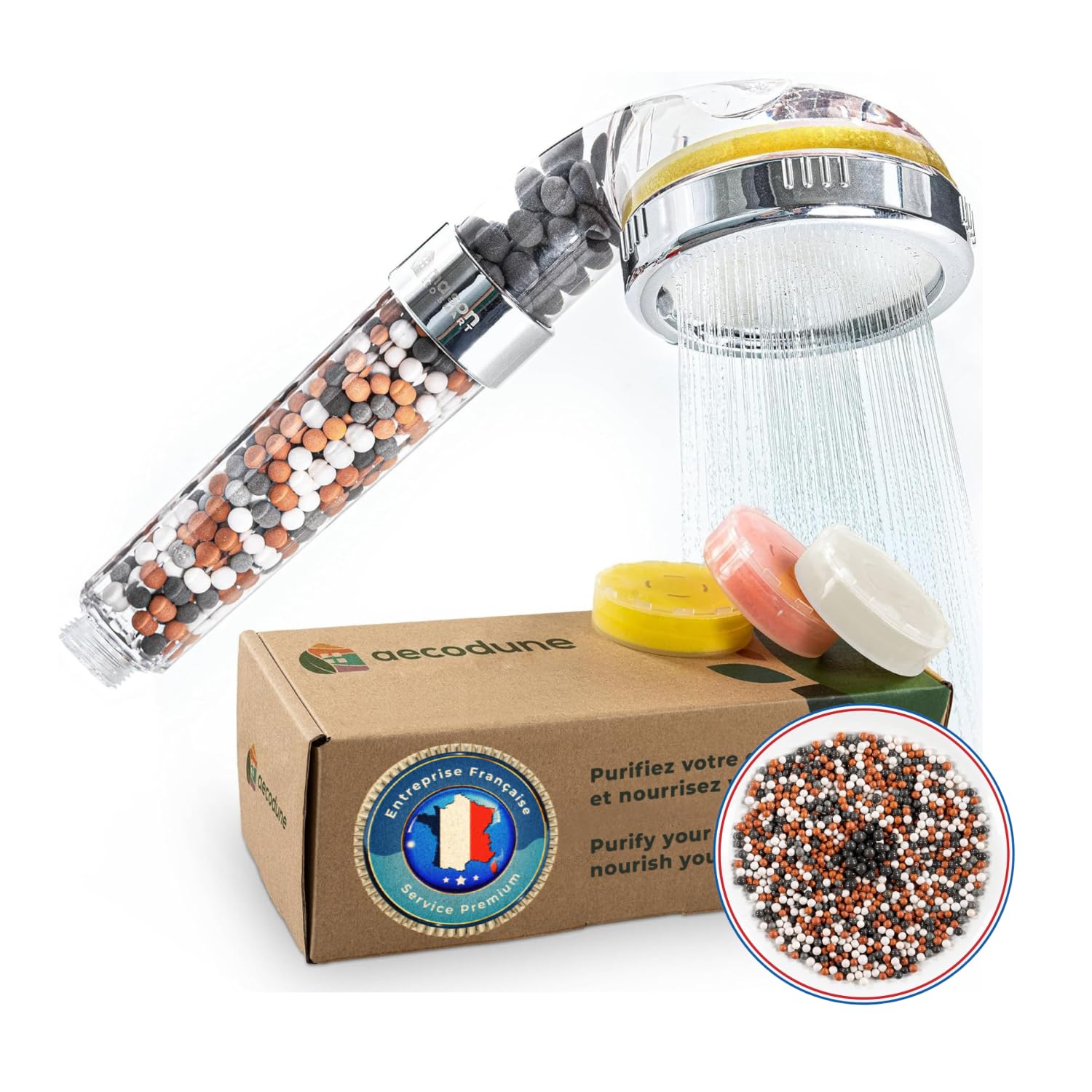 Pommeau de douche XL filtrant vitamine C AECODUNE avec recharge billes minérales