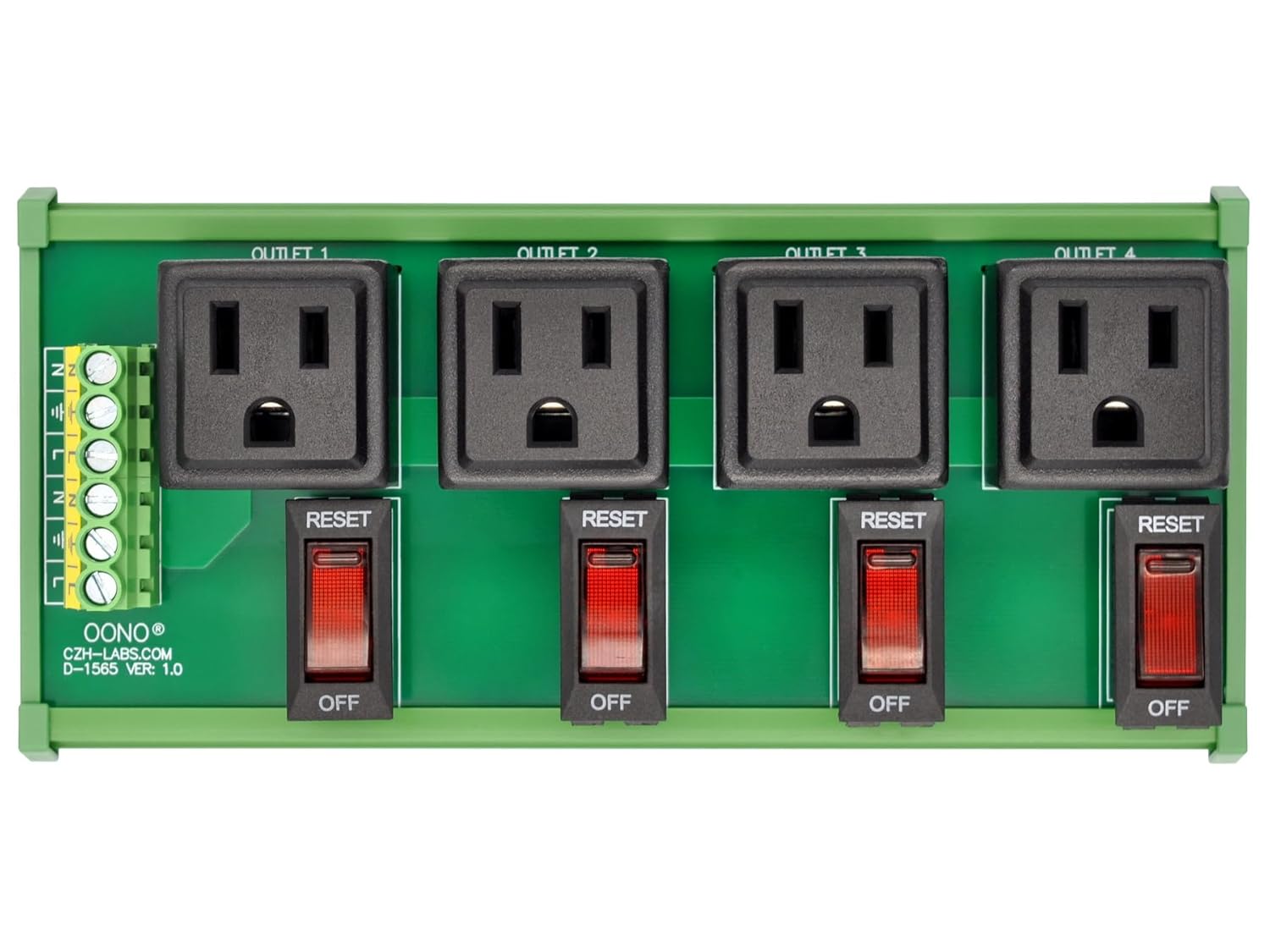 DIN Rail Mount AC 120V NEMA 5-15R 4 Receptacle Outlet Power Module, with Rocker Switch Thermal Circuit Breaker Overload Protector