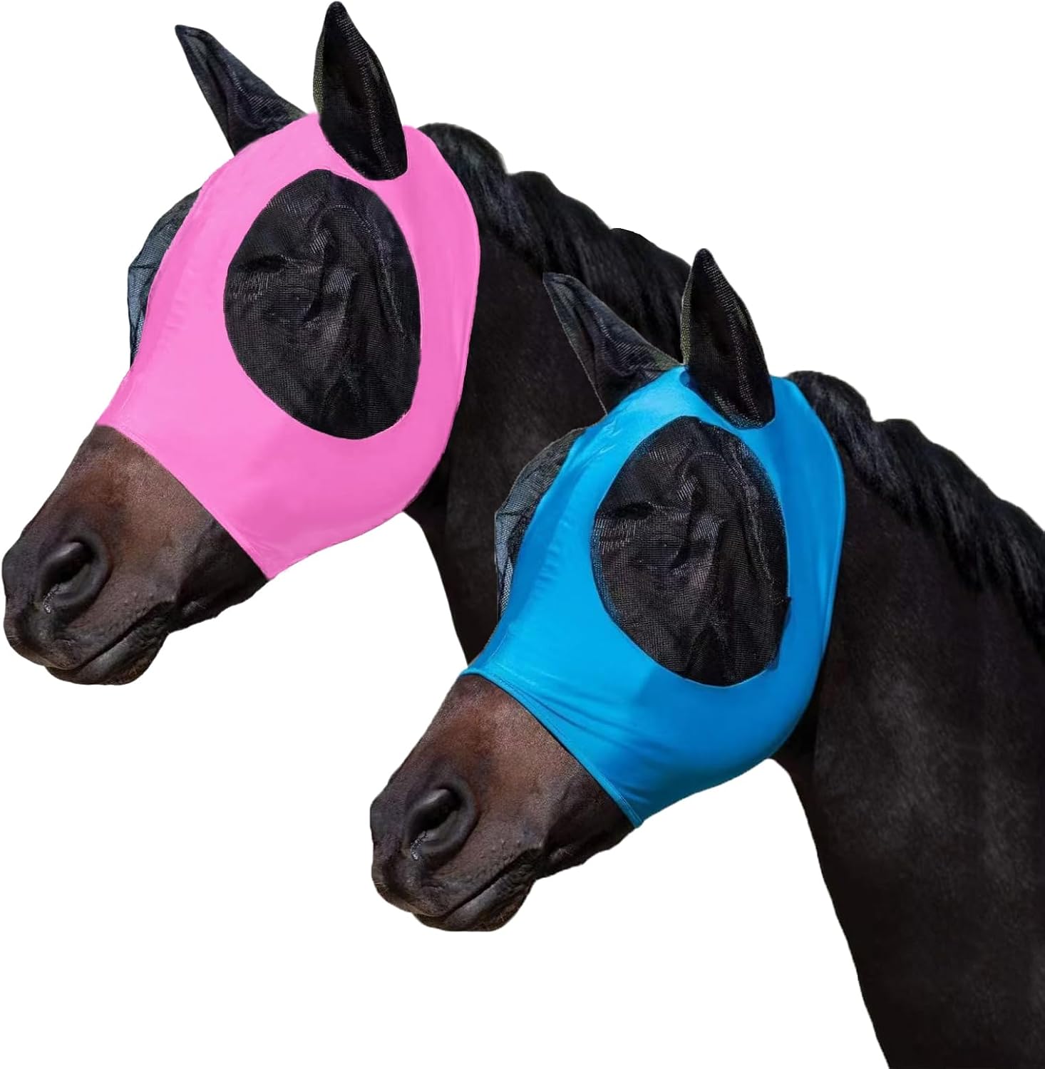 FOXLVDA Horse Fly Mask with Ears Set of 2, Fashionable and Breathable Stretch Fabric with UV & Sun Protection for Average Size Horses (Blue/Pink, Large)