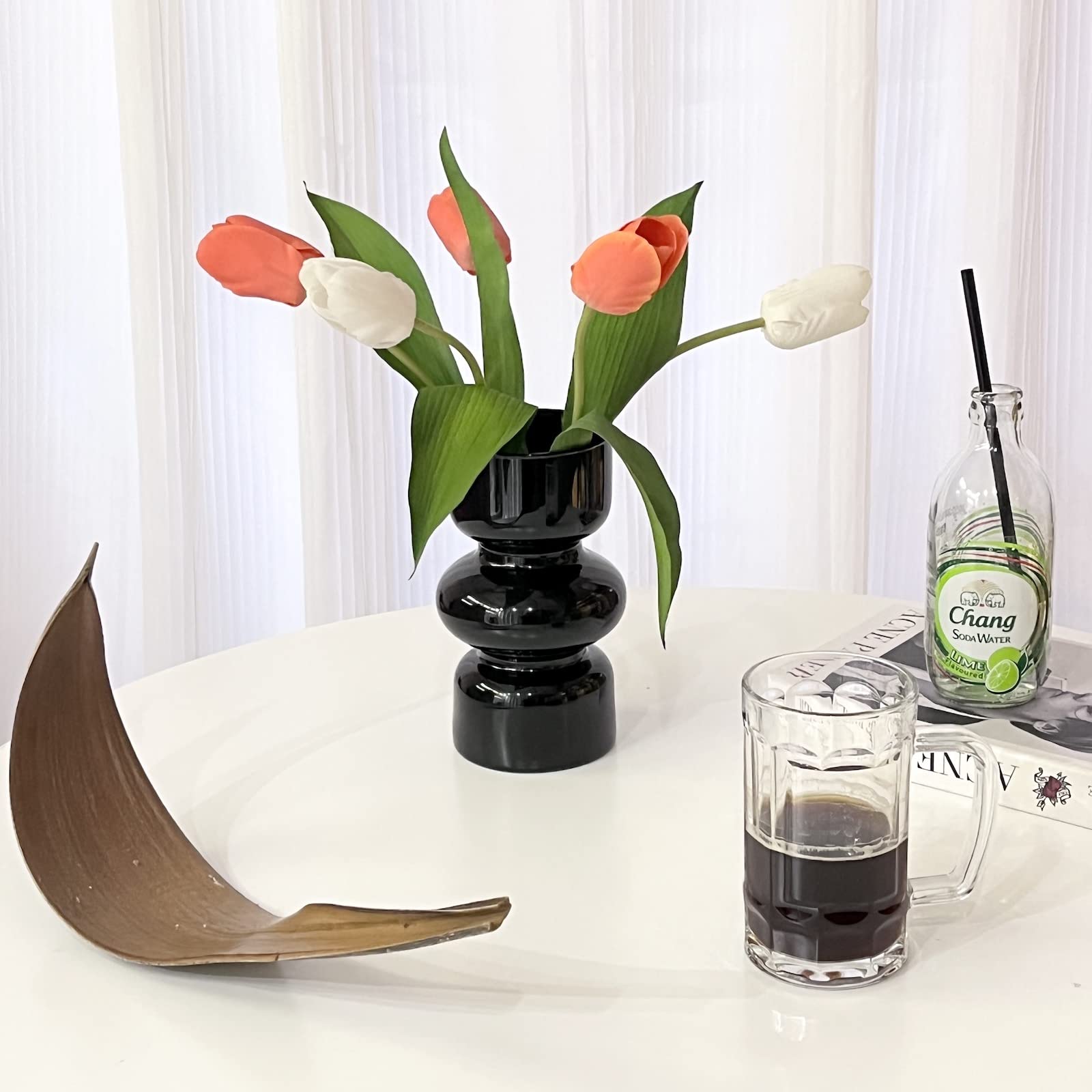 BLOFLO - Jarrón hidropónico de vidrio negro, jarrón de vidrio de 7 pulgadas para flor, moderno jarrones florales geométricos de tres capas para oficina en casa, decoración de mesa de boda (negro) 7