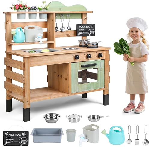 Cocina de barro, juego de cocina de madera para exteriores con estufas, fregadero extraíble, grifo, pizarra, accesorios de cocina, patio trasero,