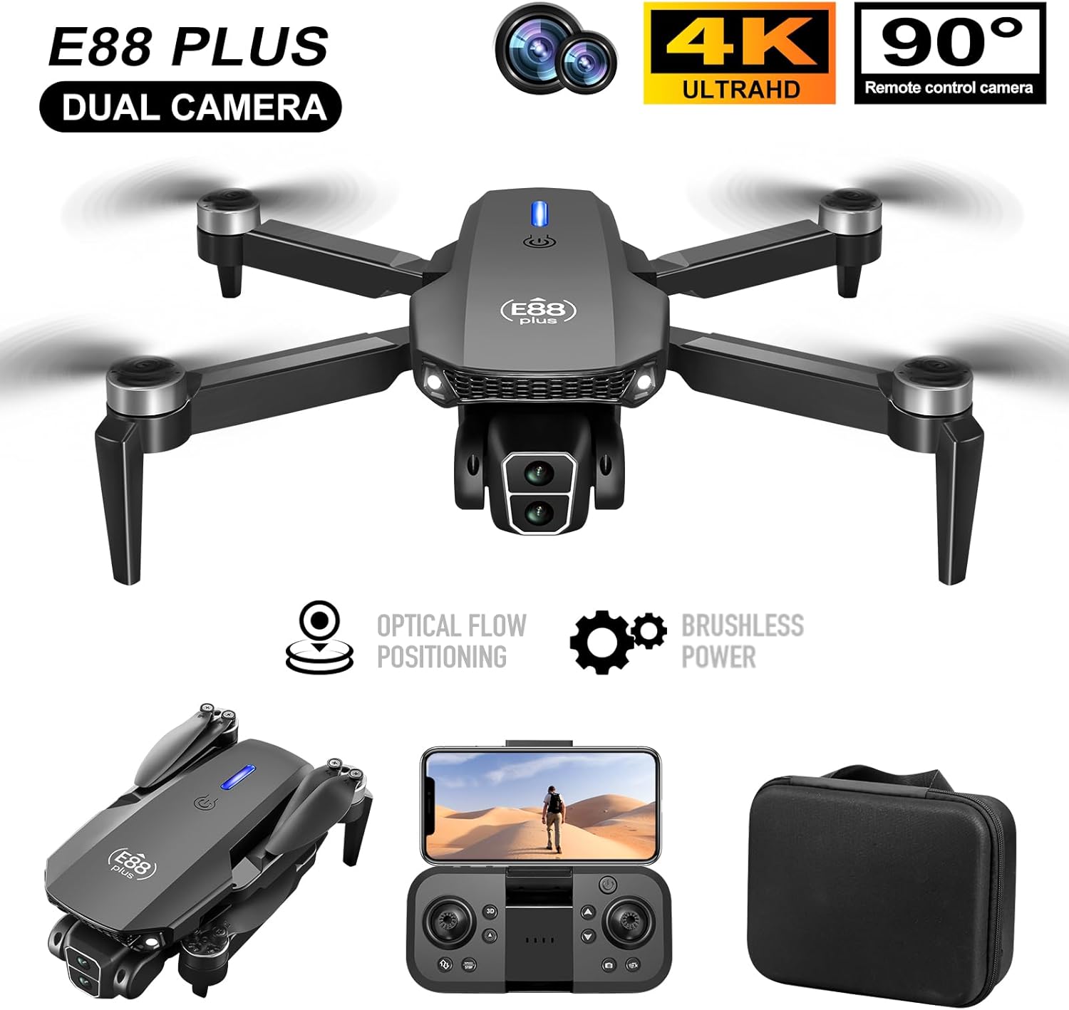 Beginner Drones with 90° Adjustable Dual HD Camera, Foldable Mini RC Quadcopter Under 250g, Brushless Motor, Optical Flow Positioning, Dual Battery, Headless Mode, 360° Flip E88 Plus Drone for Adults