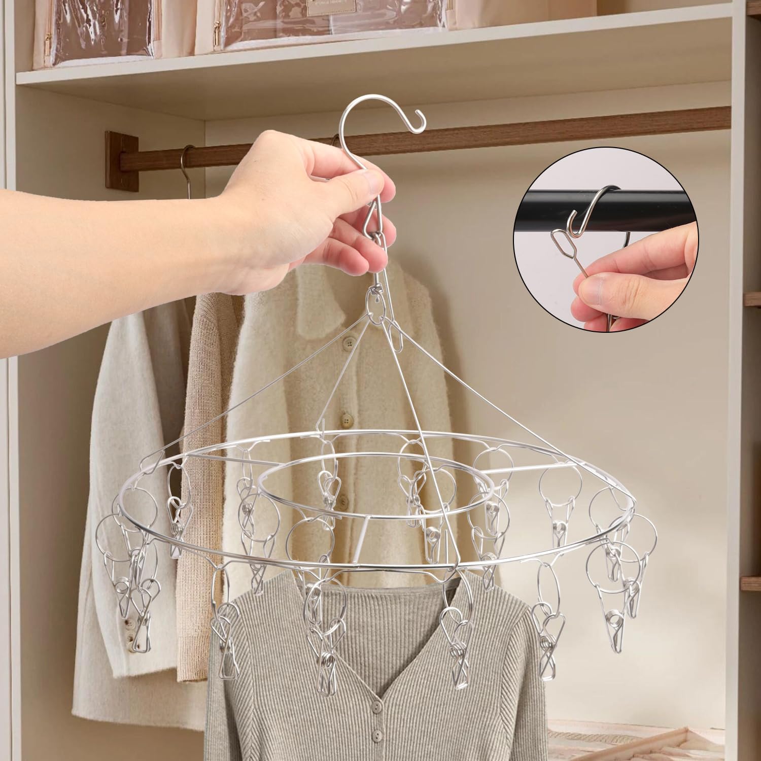 6 Pack 13 inch Round Stainless Steel Drying Rack with 20 Clips, Swivel Sock Drying Rack with Windproof Clips, Stainless Steel Clothes Hanger for Bras, Clothes, Sock & Underwear Towels