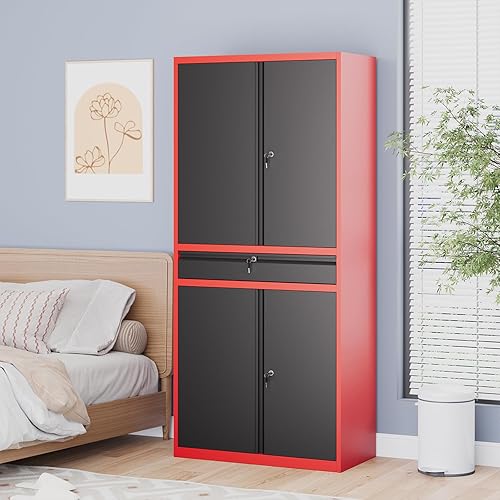 Vista 50 de Gabinete de metal de 72 pulgadas, armario de almacenamiento con bloqueo con 2 puertas y 5 estantes ajustables, gabinete de herramientas de acero
