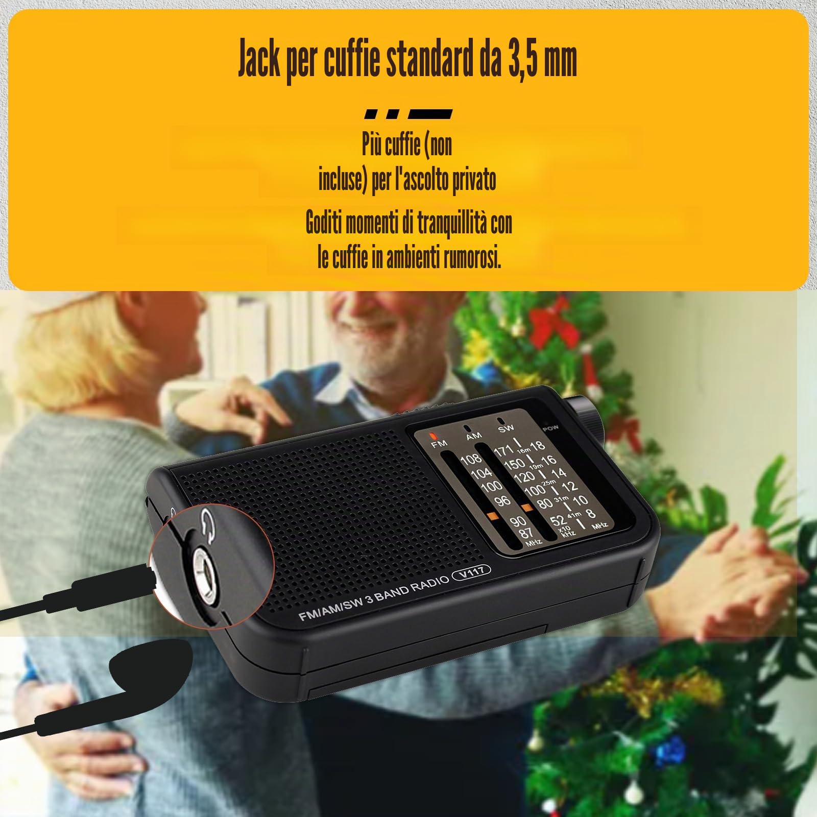 Retekess V117 Radio Mini,Radiolina Portatile AM FM SW,Radio a Pile,Auricolare,Con un'Eccellente Qualità del Suono,Camping,per Anziani (Nero)