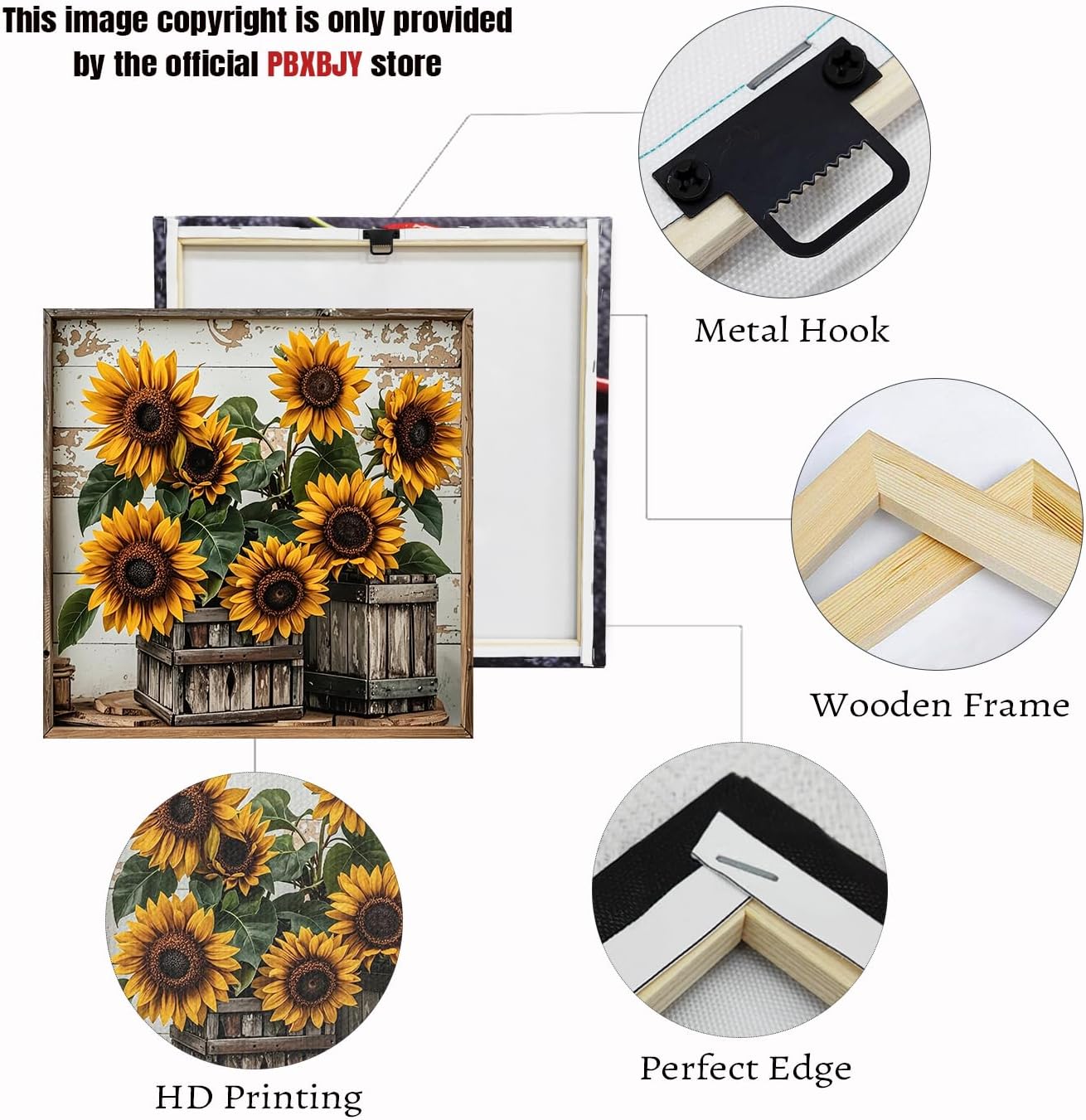 PBXBJY Sunflower Wall Art Yellow Flower Canvas Prints Rustic Floral Pictures Painting Country Farmhouse Kitchen Bedroom Office Decor Frame (12.00" x 12.00")