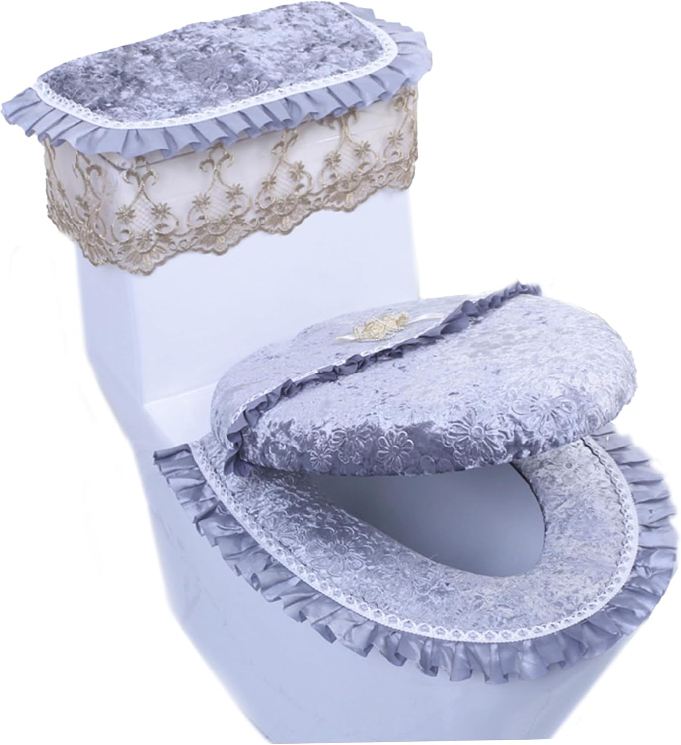 Toilet Cover Set with Toilet Lid Cover, Toilet Seat Cover and Toilet Tank Cover 3PCS Hidden Floral Pattern Cover Set with Lace Edging for Comfort and Warmth Toilet Lid Cover Toilet Tank Cover Toilet