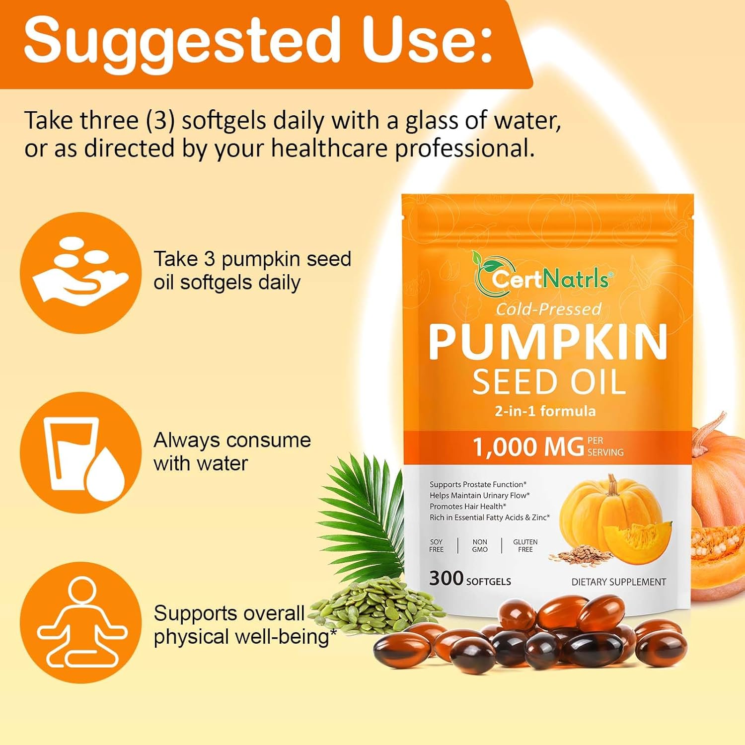 Pumpkin Seed Oil with Saw Palmetto (1000mg per Serving), Cold-Pressed Pumpkin Seed Oil for Hair Growth, Prostate Health, Urinary Tract Support, 300 Softgels Supplement of Essential Fatty Acids - Image 8