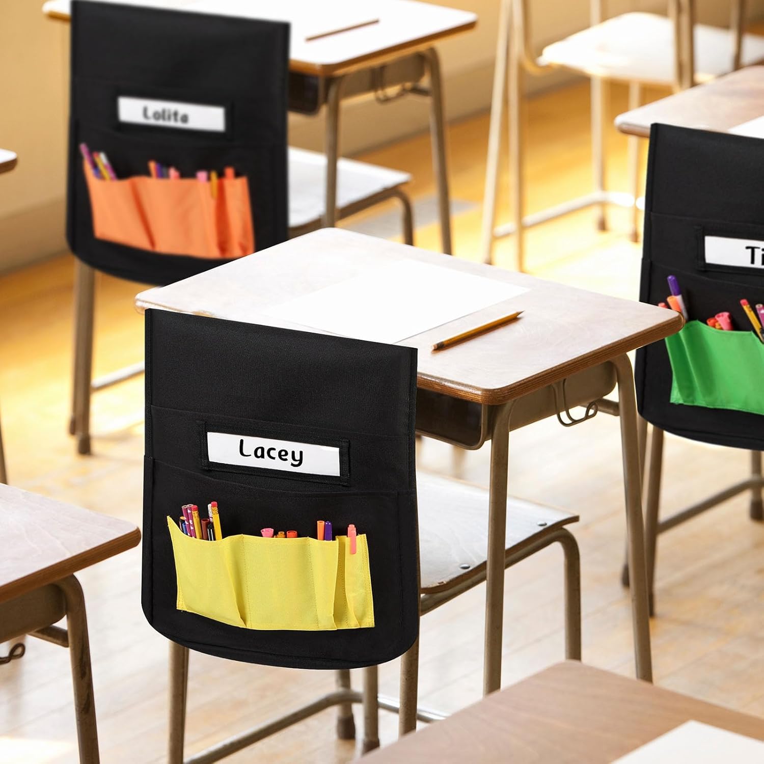 36 Pcs Classroom Chair Pockets 19 x 15.5'' Chairback Pocket with 6 Pockets and Name Tag Holder Back Seat Pockets with double thread sewing for School Seat Chair Storage Organizer(Stylish Color)