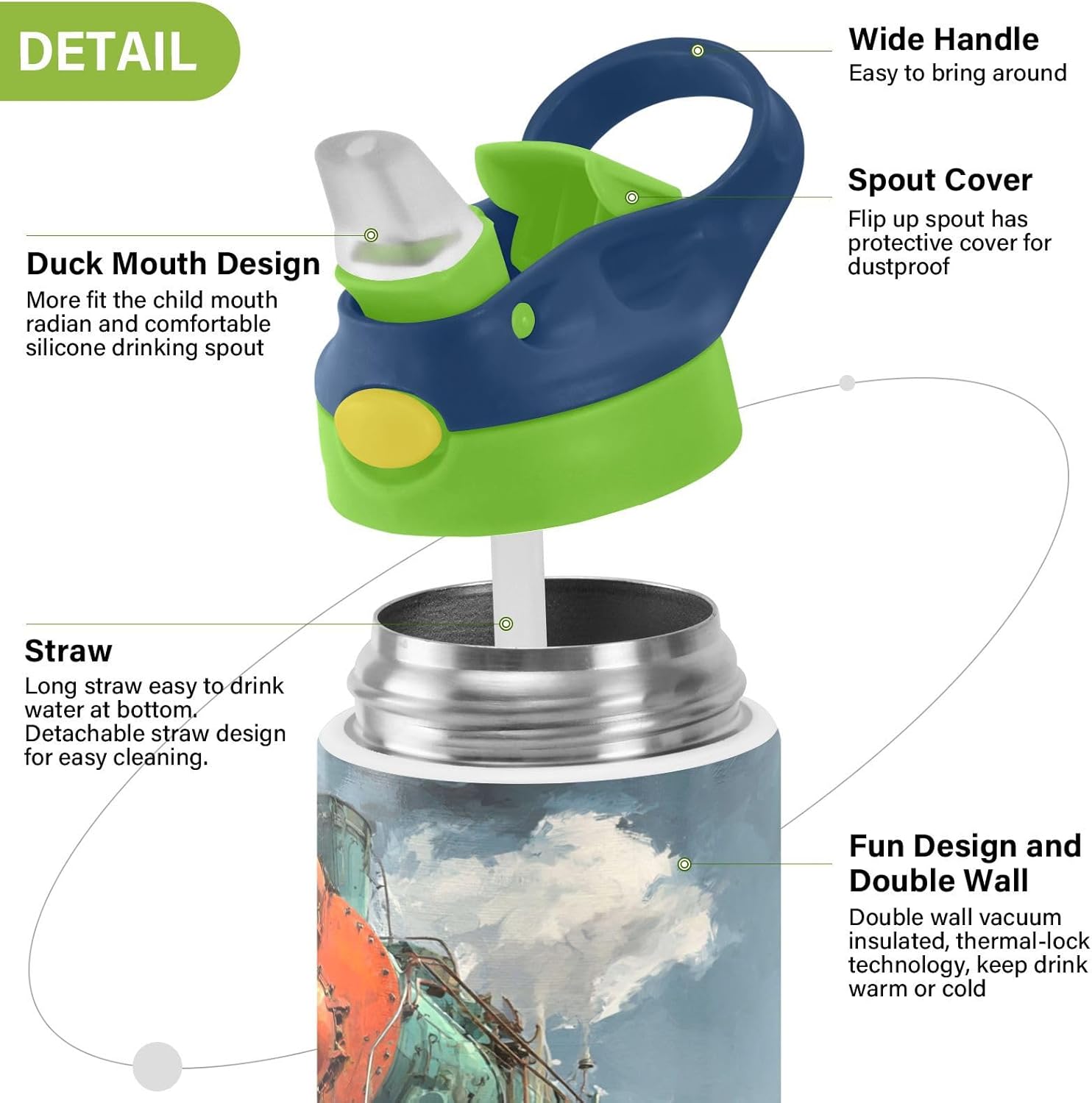 Boccsty Locomotive Train Kids Water Bottle with Straw Lid Insulated Stainless Steel Reusable Tumbler for Boys Girls Toddlers 12 oz Green