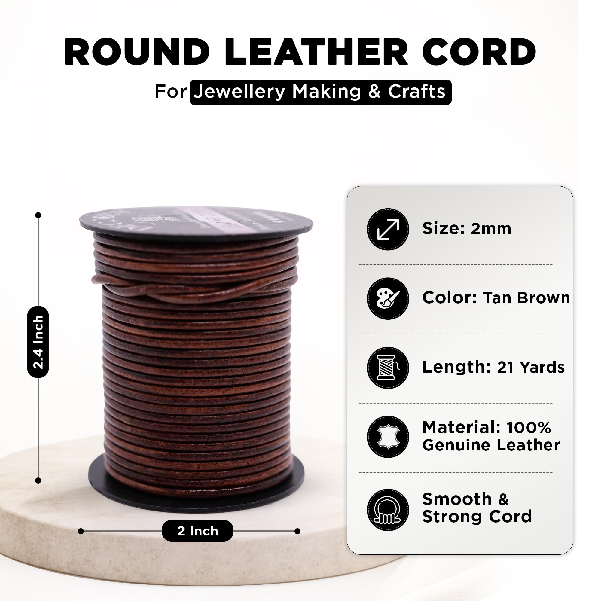 Cuerda de cuero redonda de 2 mm, cuerda de 27 yardas para hacer joyas, pulseras, collares, trenzas de Kumihimo, envolturas, manualidades, hobby y proyectos de bricolaje, marrón tostado envejecido