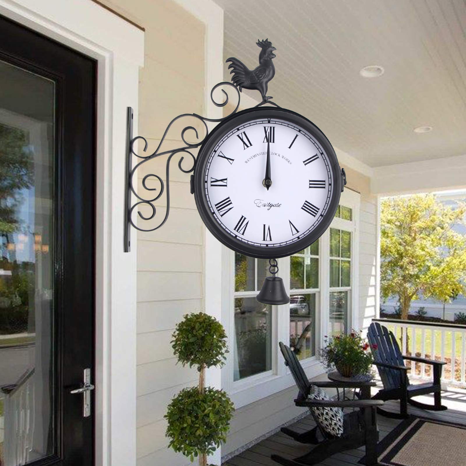 Horloge Murale Rétro Antique Double Face Noir - Jardin Extérieur, Gare de Train, Étanche, 30 x 9 x 37 cm